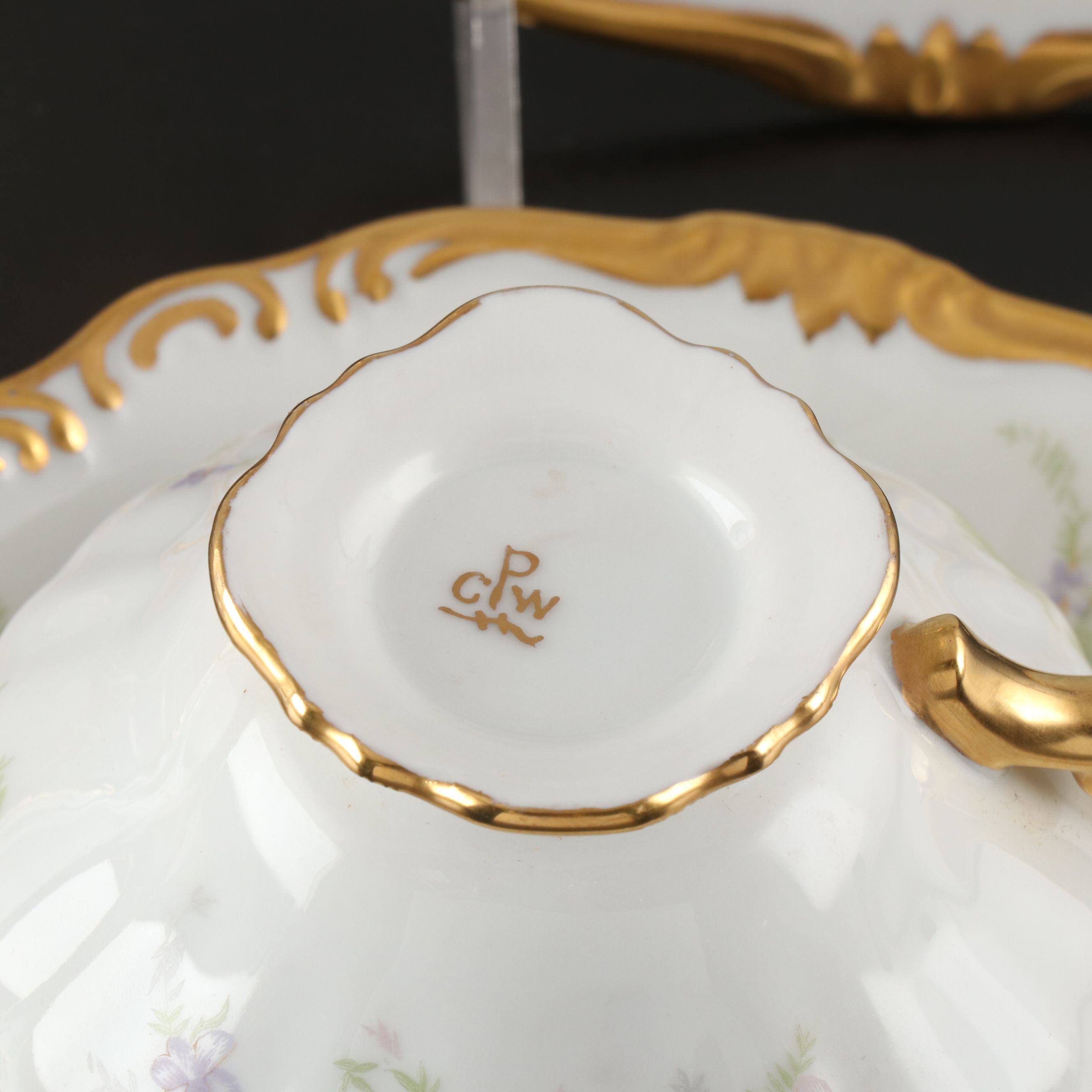 Victorian Style Hand-Painted Floral Gilt Porcelain Six-Piece Place Setting