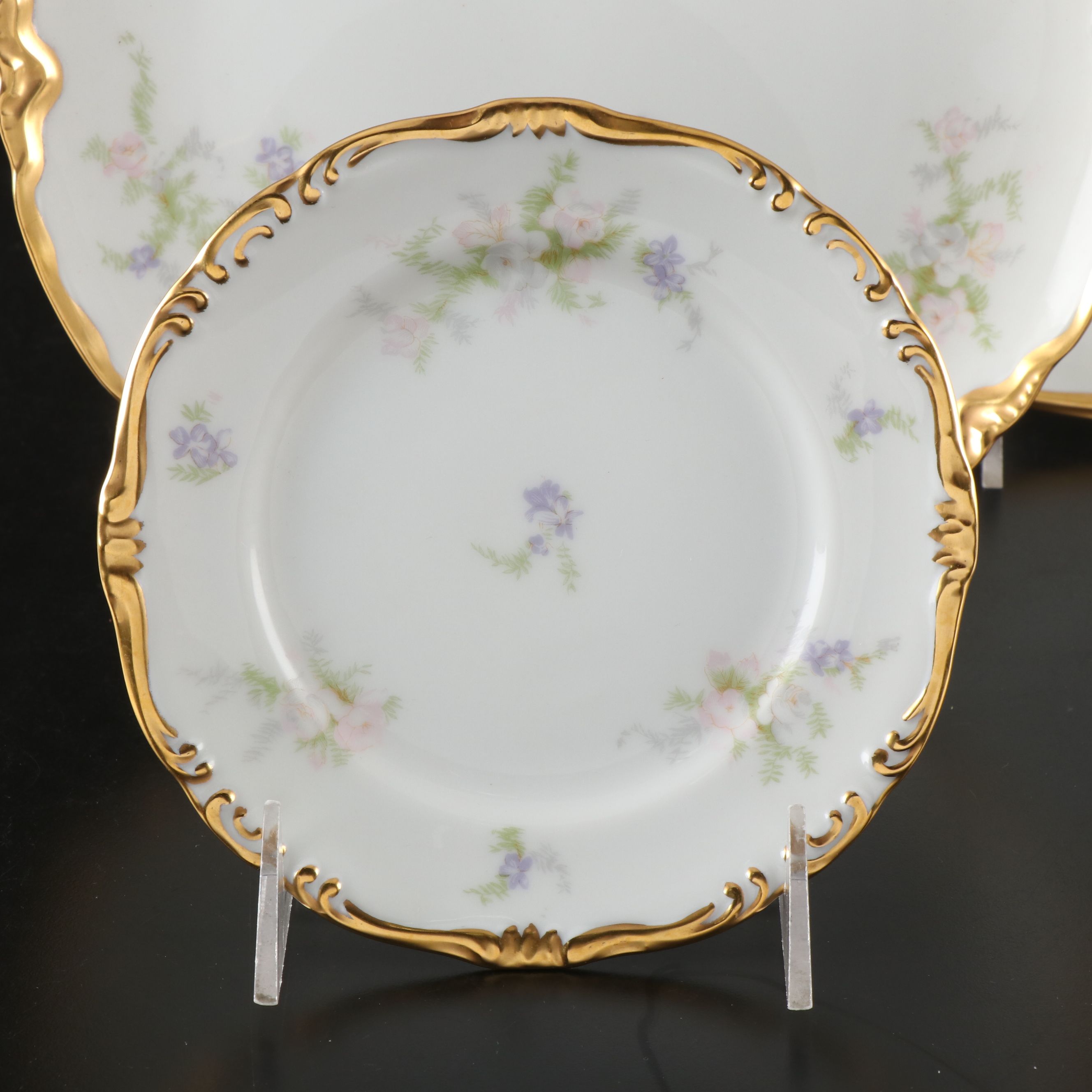Victorian Style Hand-Painted Floral Gilt Porcelain Six-Piece Place Setting