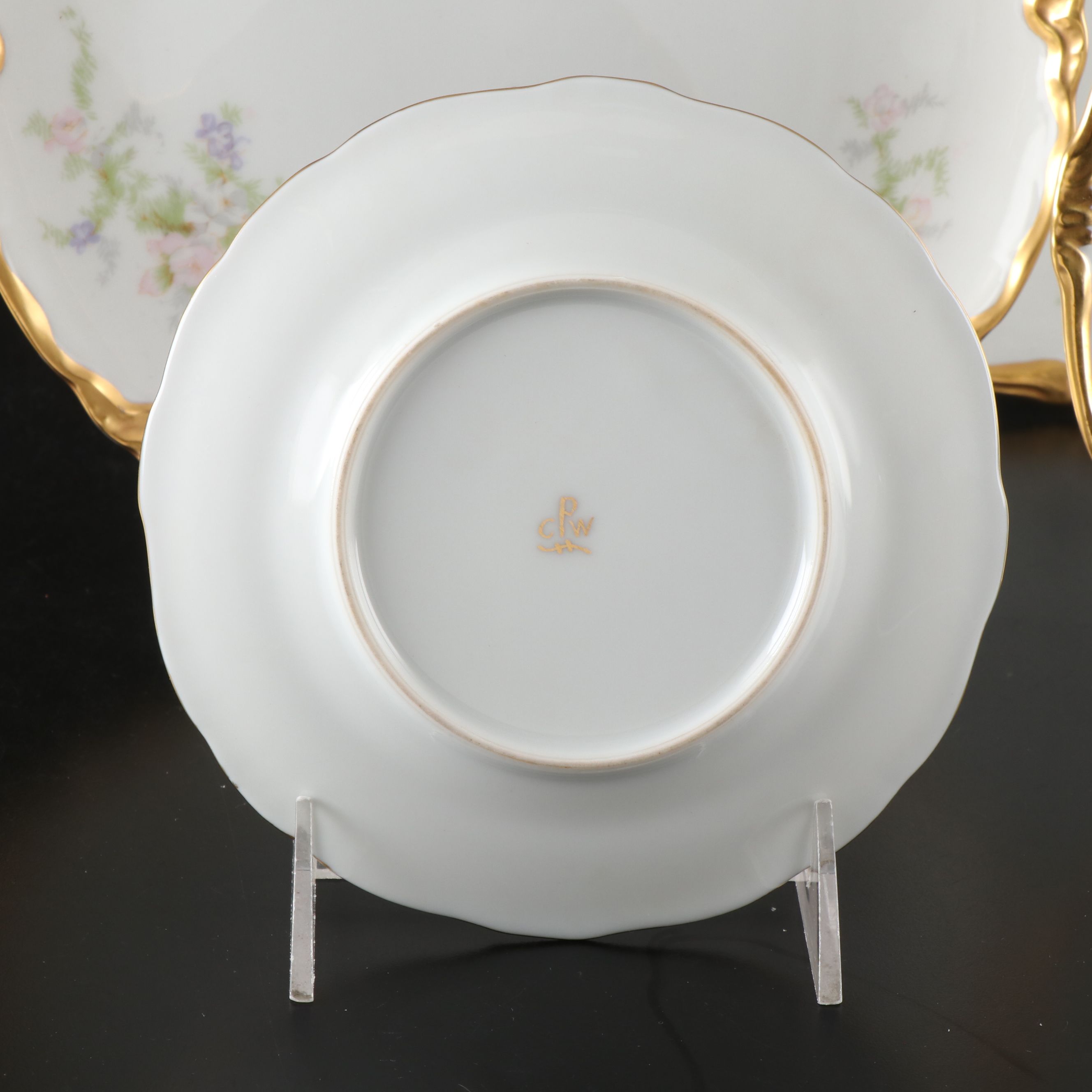 Victorian Style Hand-Painted Floral Gilt Porcelain Six-Piece Place Setting