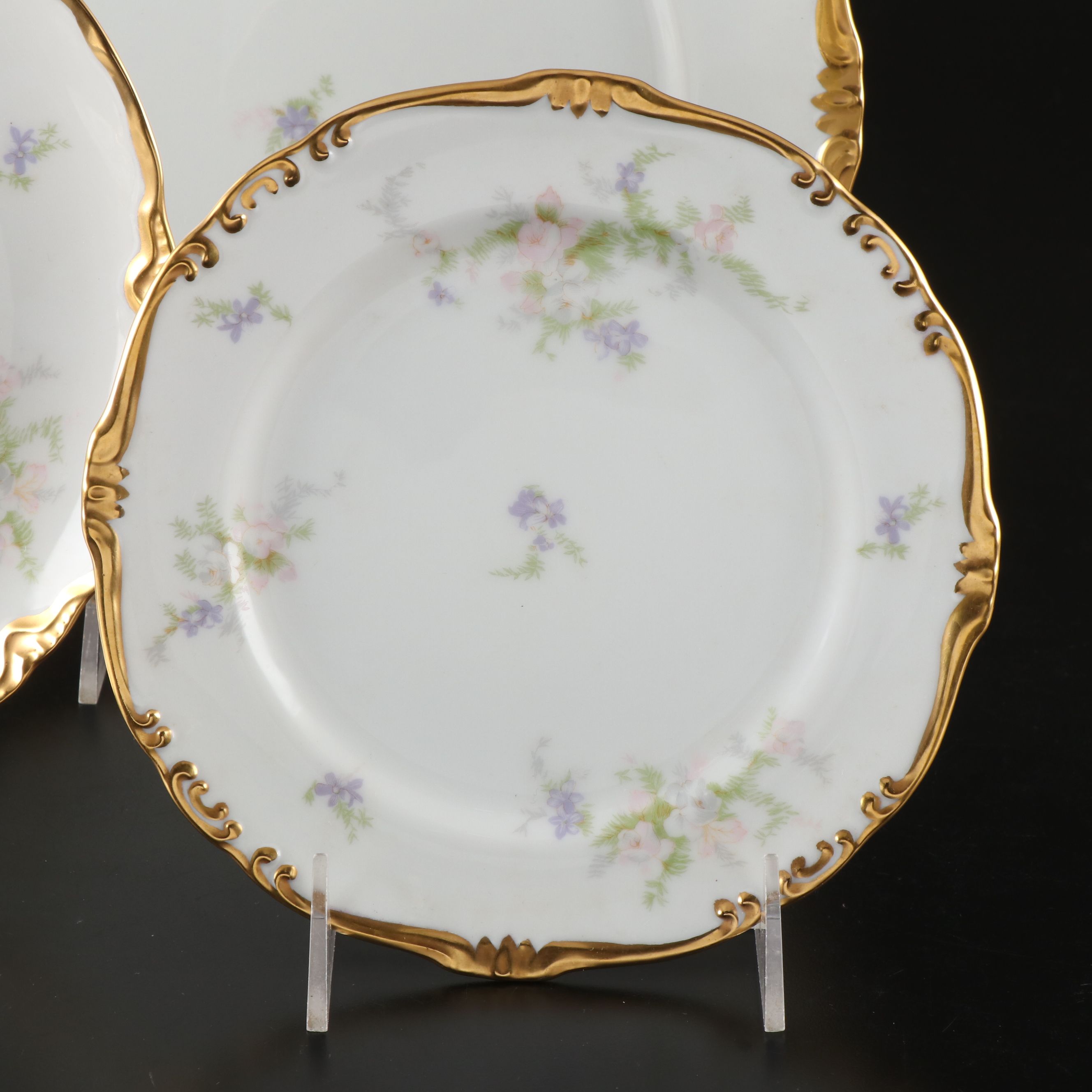 Victorian Style Hand-Painted Floral Gilt Porcelain Six-Piece Place Setting
