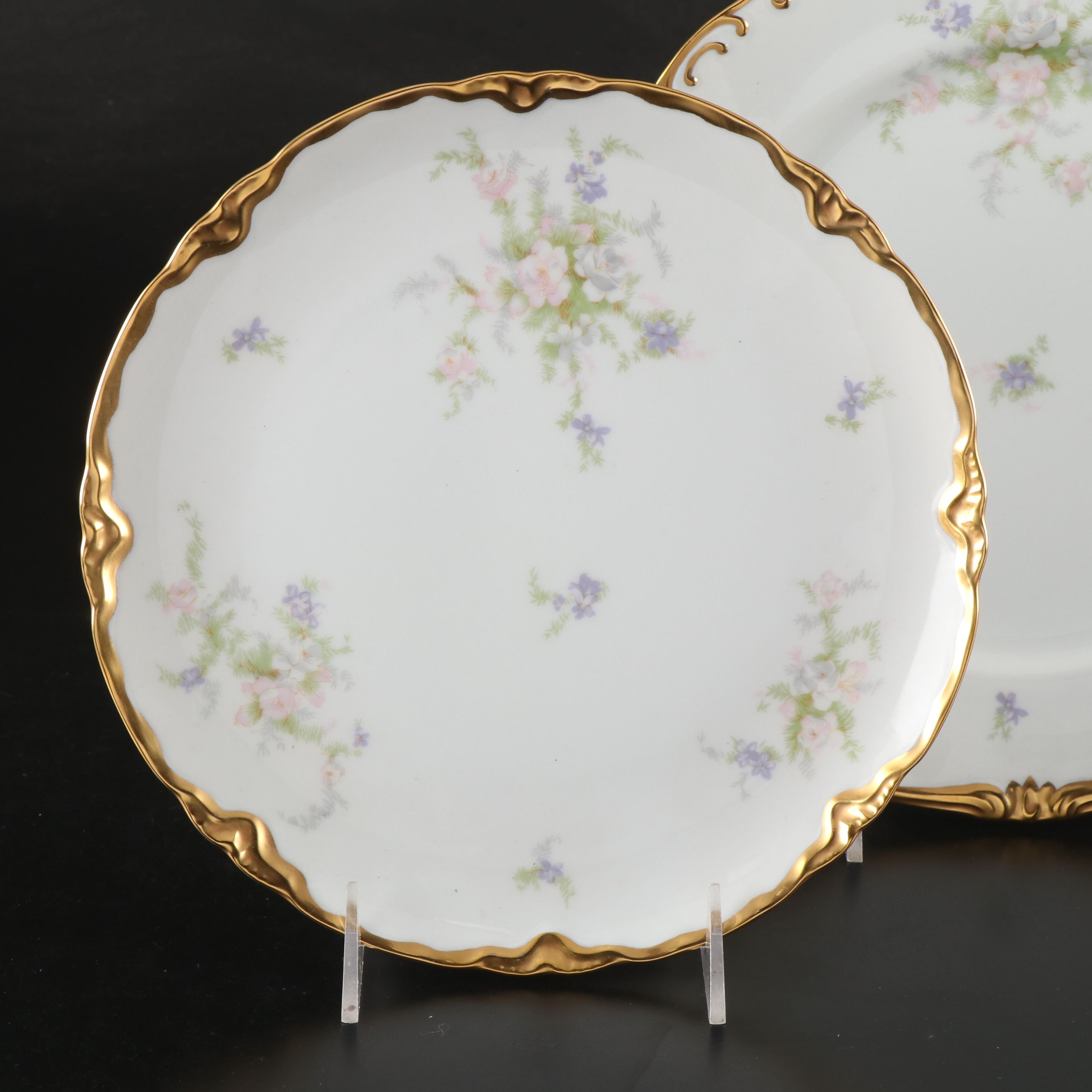 Victorian Style Hand-Painted Floral Gilt Porcelain Six-Piece Place Setting