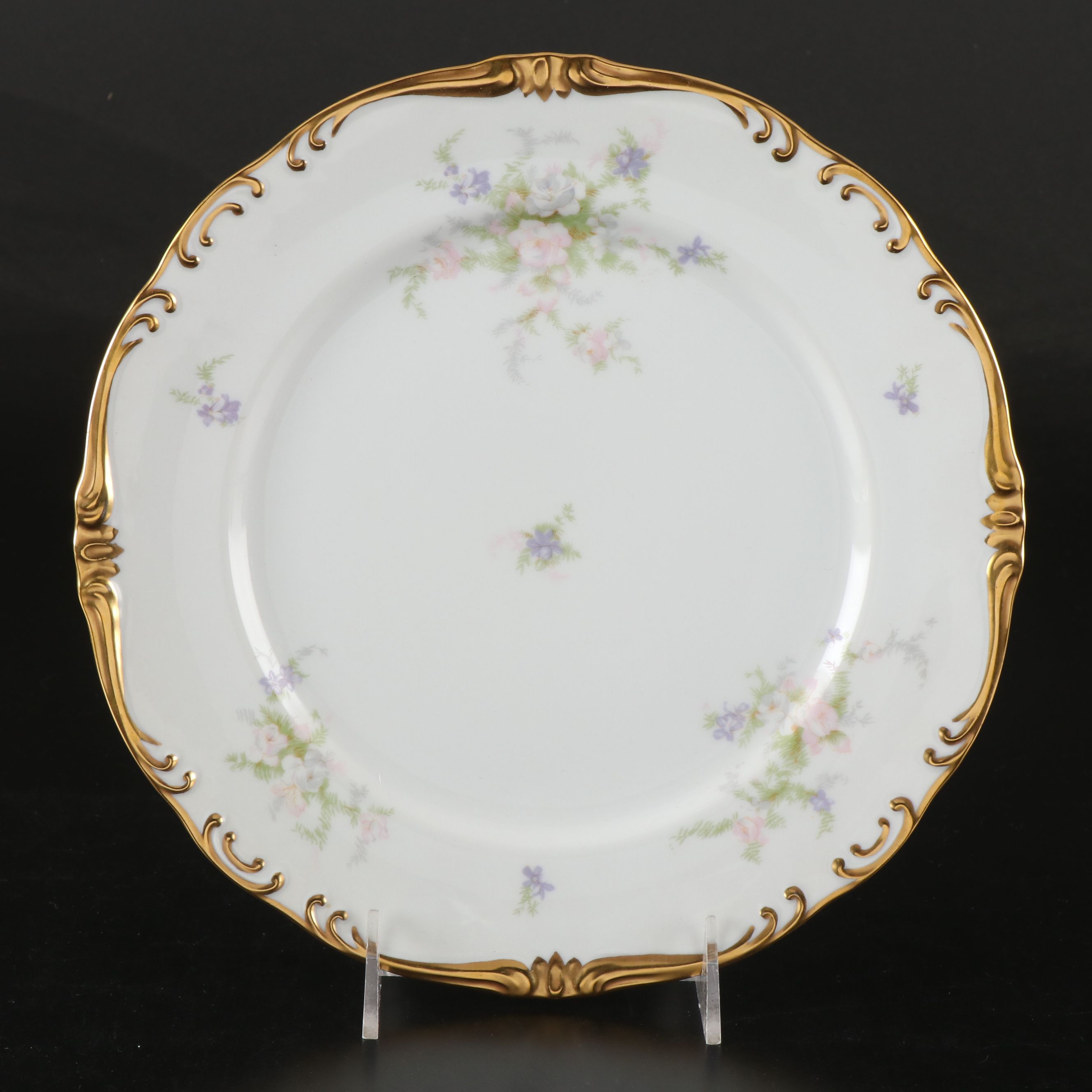 Victorian Style Hand-Painted Floral Gilt Porcelain Six-Piece Place Setting