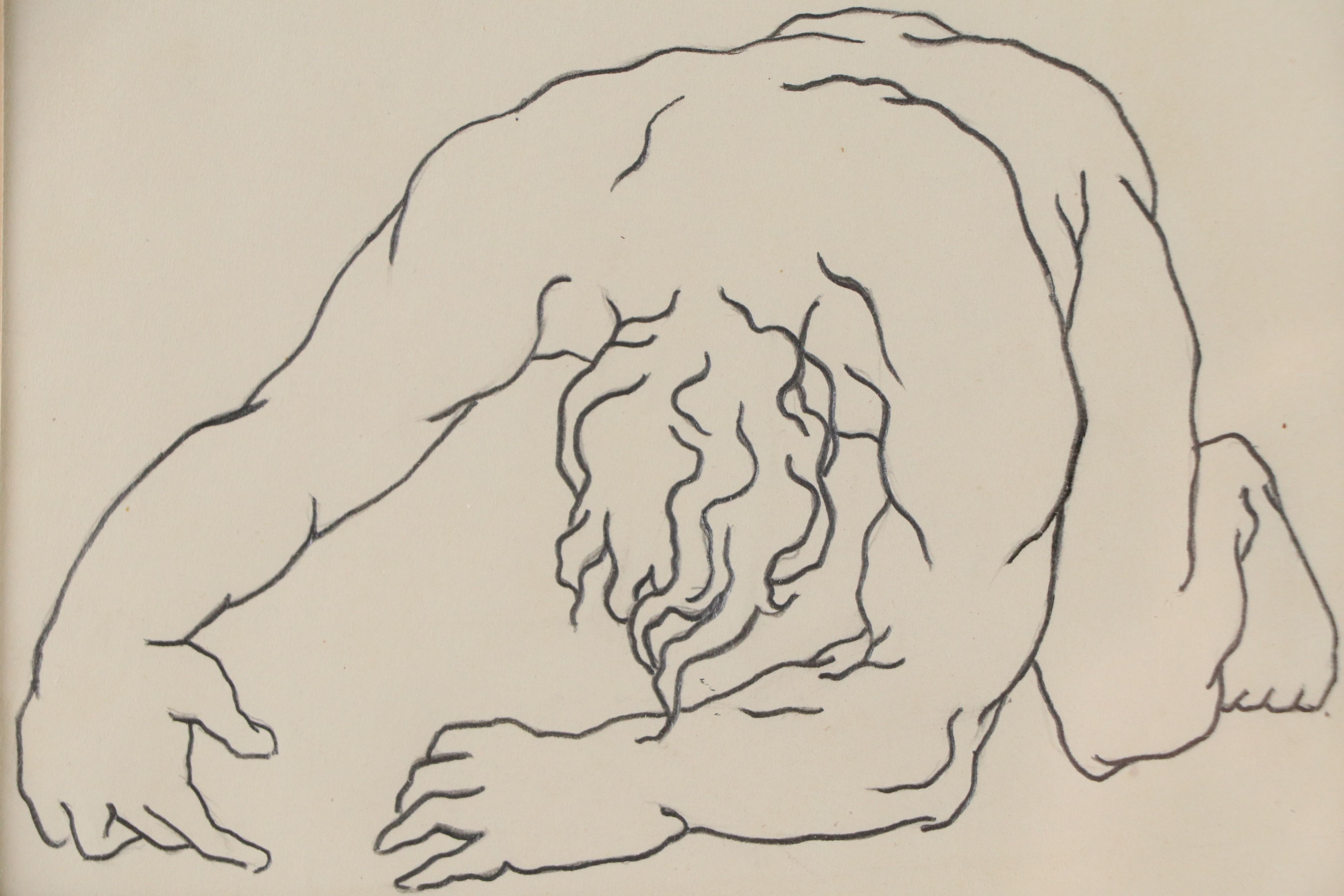 Graphite Line Drawing After Richard Hall of Crouched Figure