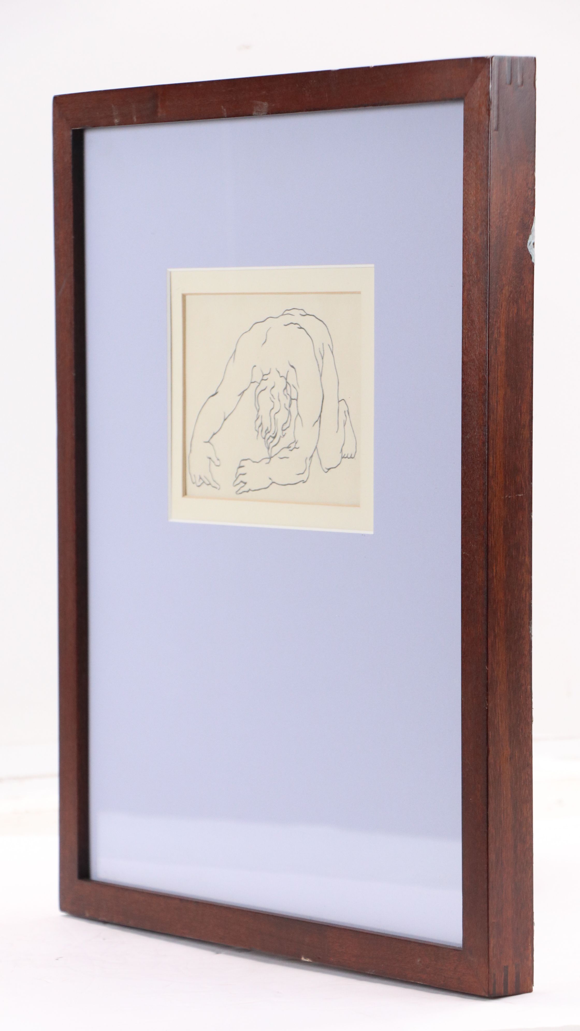 Graphite Line Drawing After Richard Hall of Crouched Figure