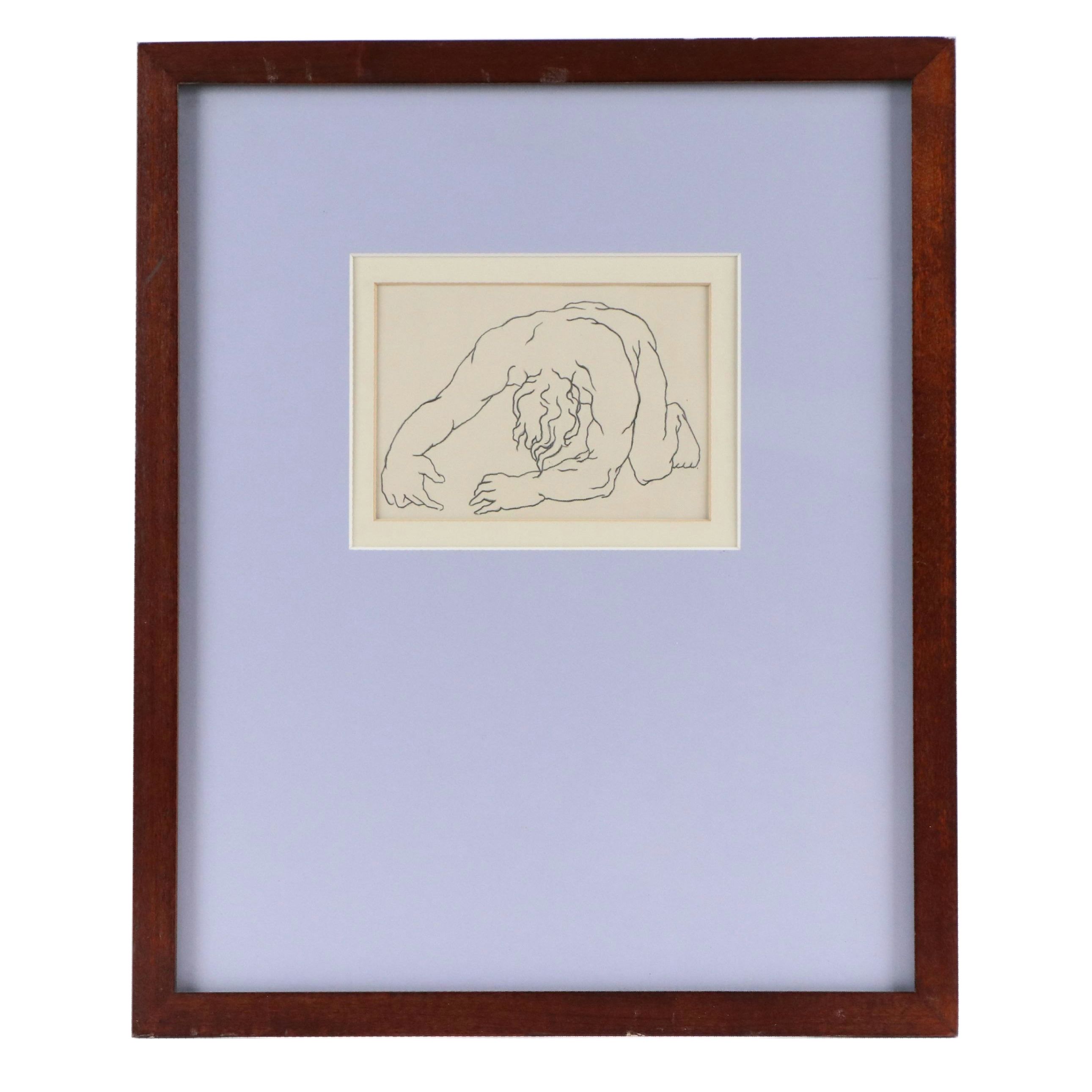 Graphite Line Drawing After Richard Hall of Crouched Figure