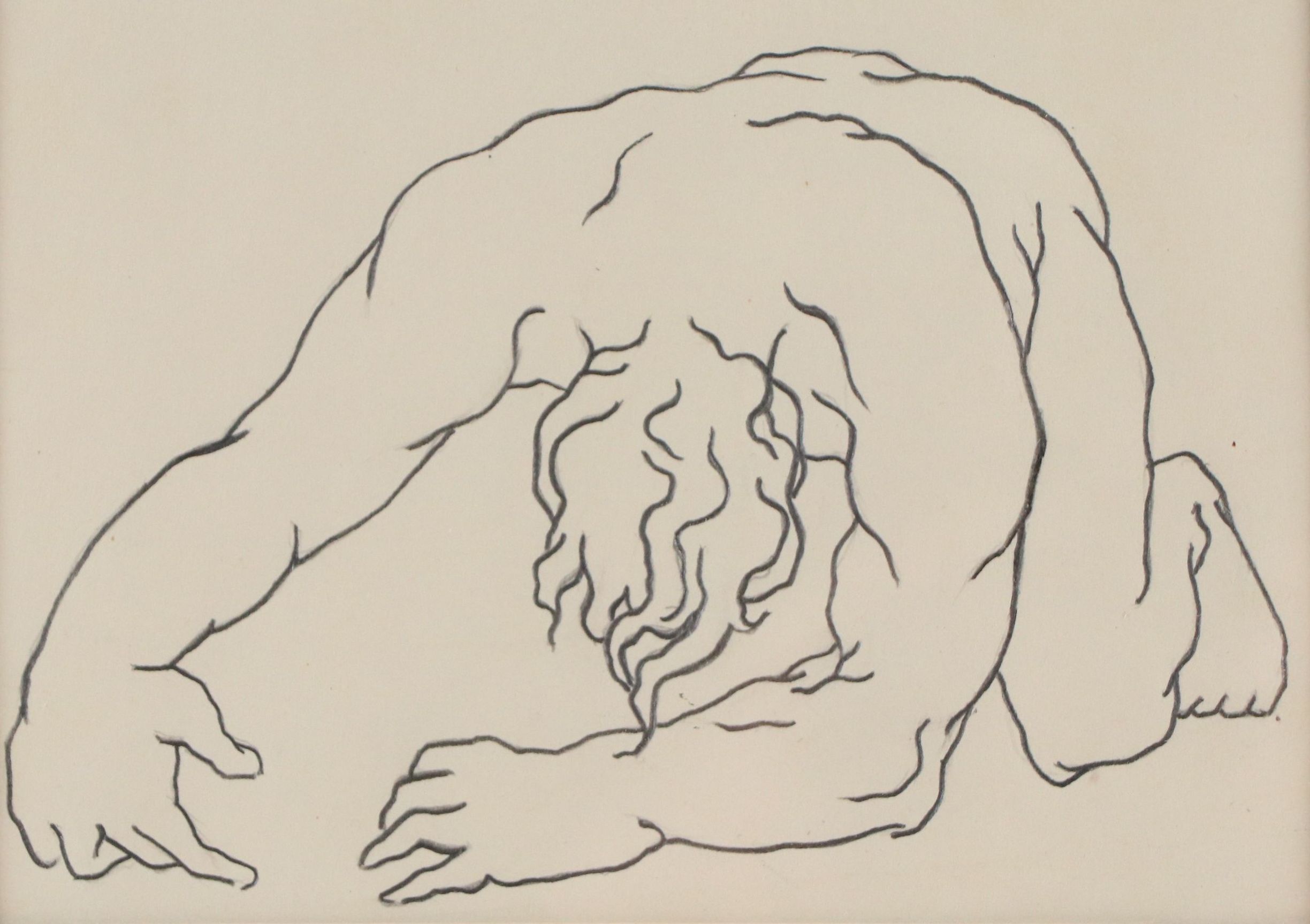 Graphite Line Drawing After Richard Hall of Crouched Figure