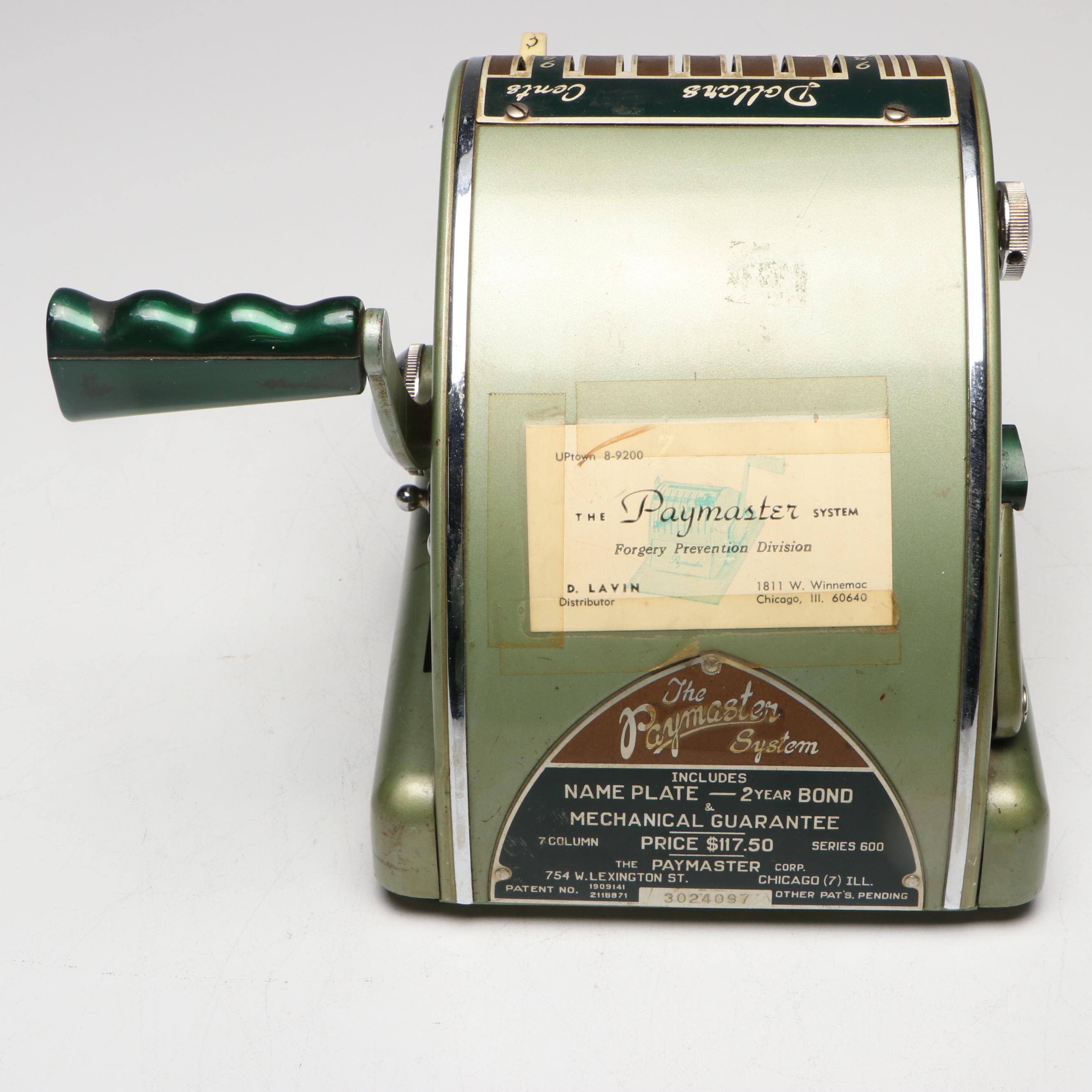 Paymaster Series 600 Metal Check Machine, Mid-20th Century