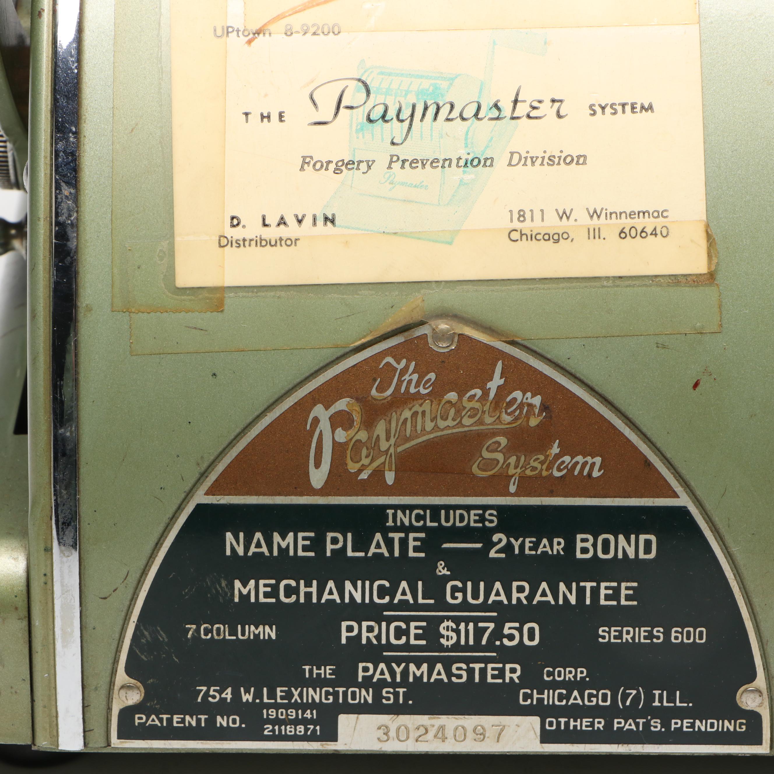 Paymaster Series 600 Metal Check Machine, Mid-20th Century