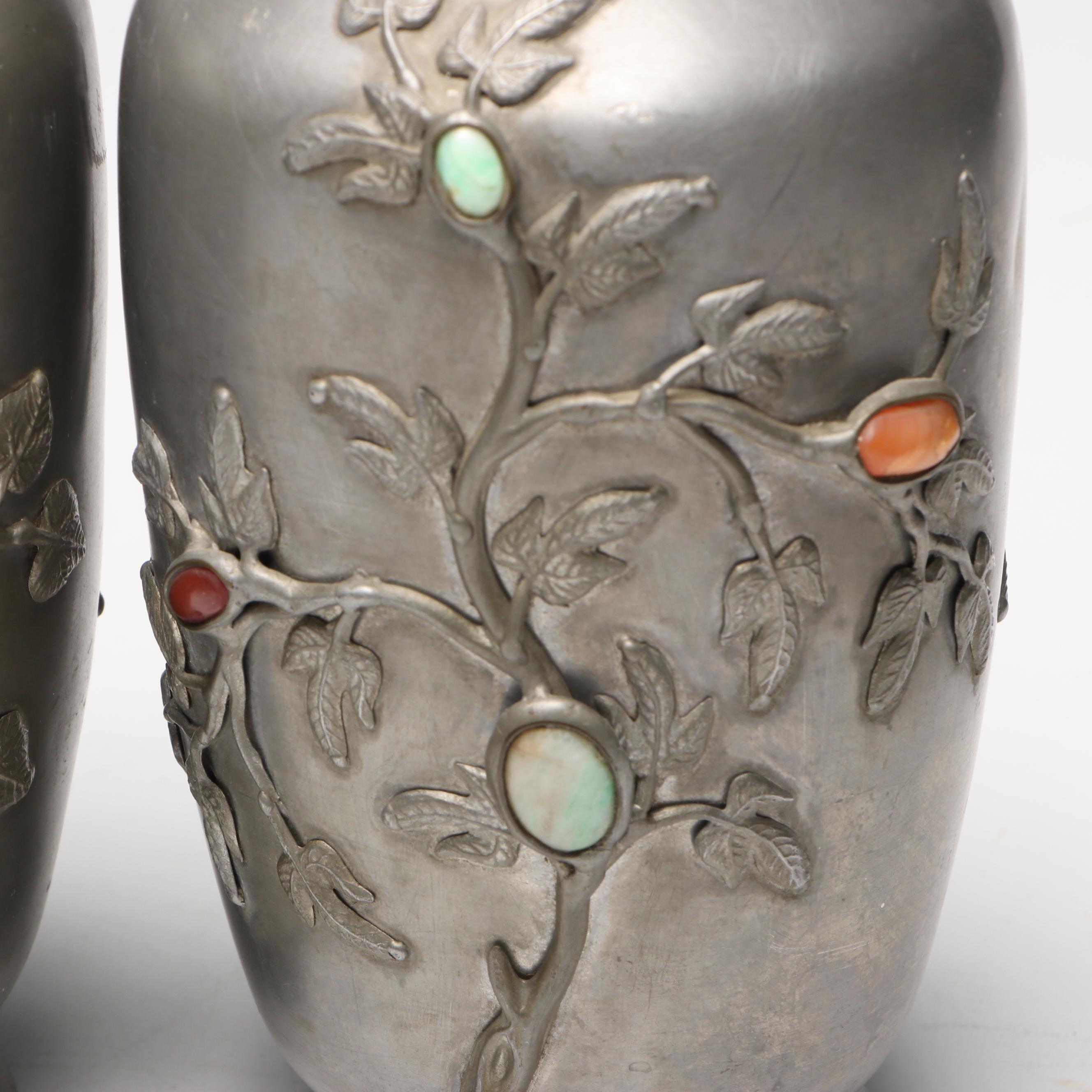 Chinese Embossed Tree Pewter Vases with Inlaid Jadeite and Carnelian