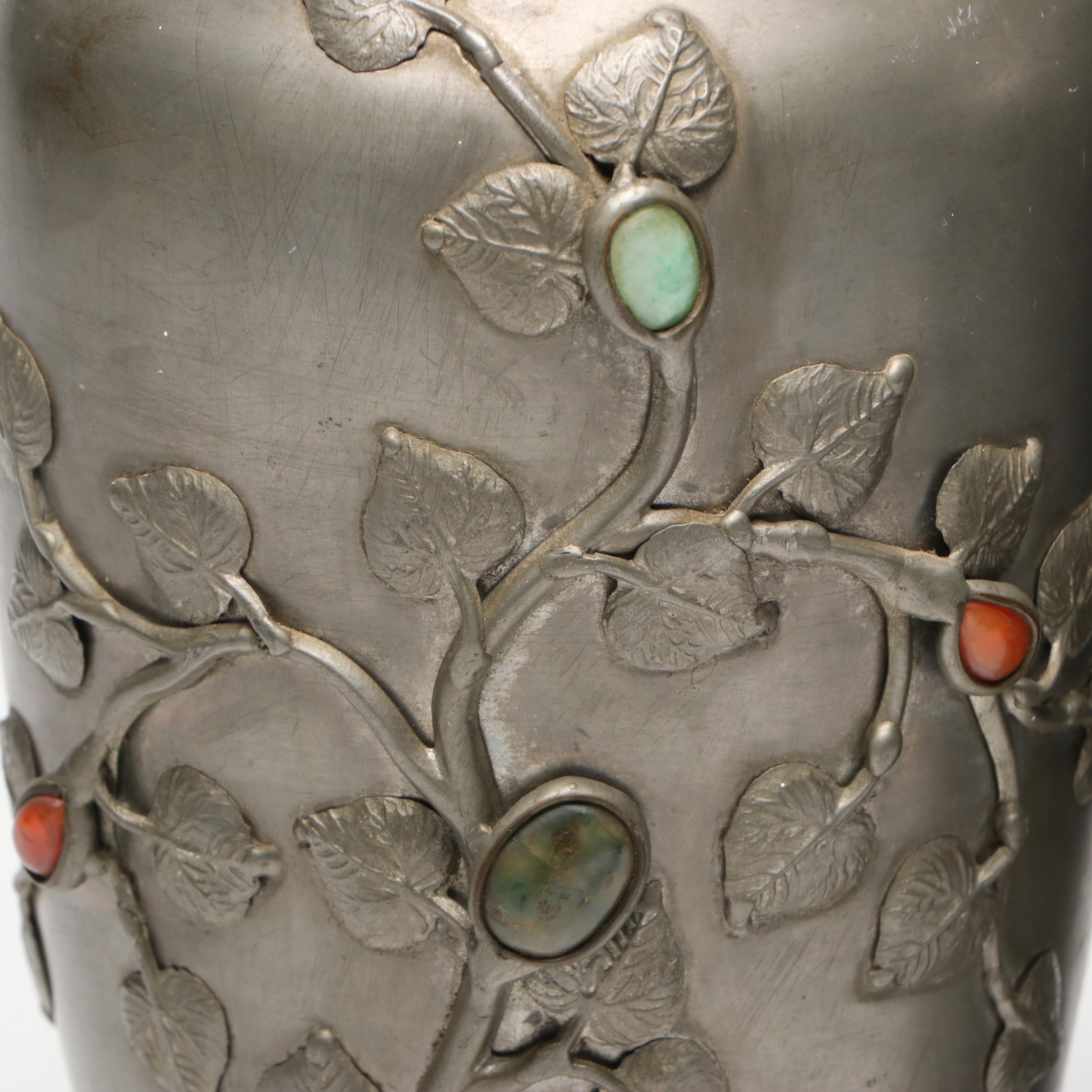 Chinese Embossed Tree Pewter Vases with Inlaid Jadeite and Carnelian