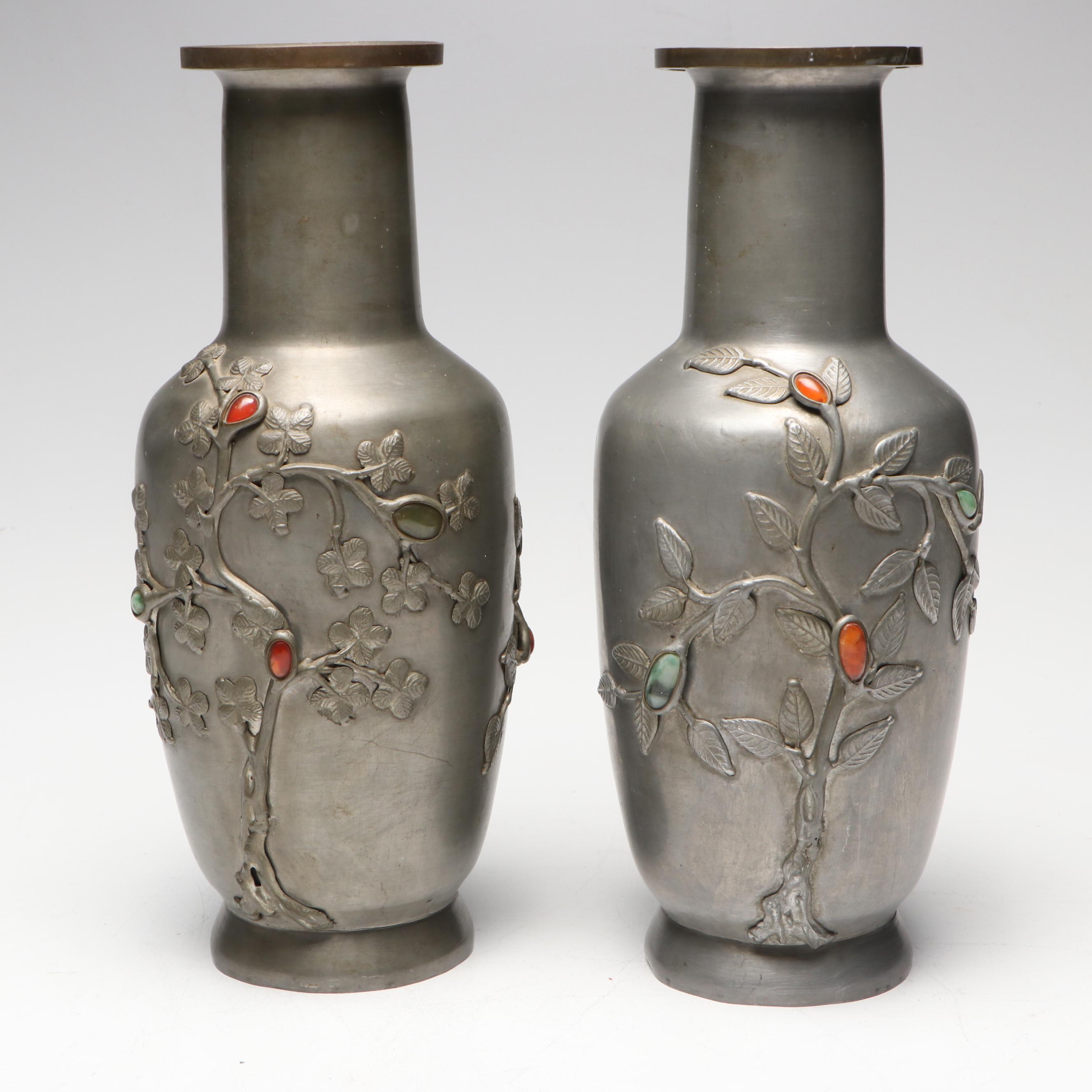 Chinese Embossed Tree Pewter Vases with Inlaid Jadeite and Carnelian