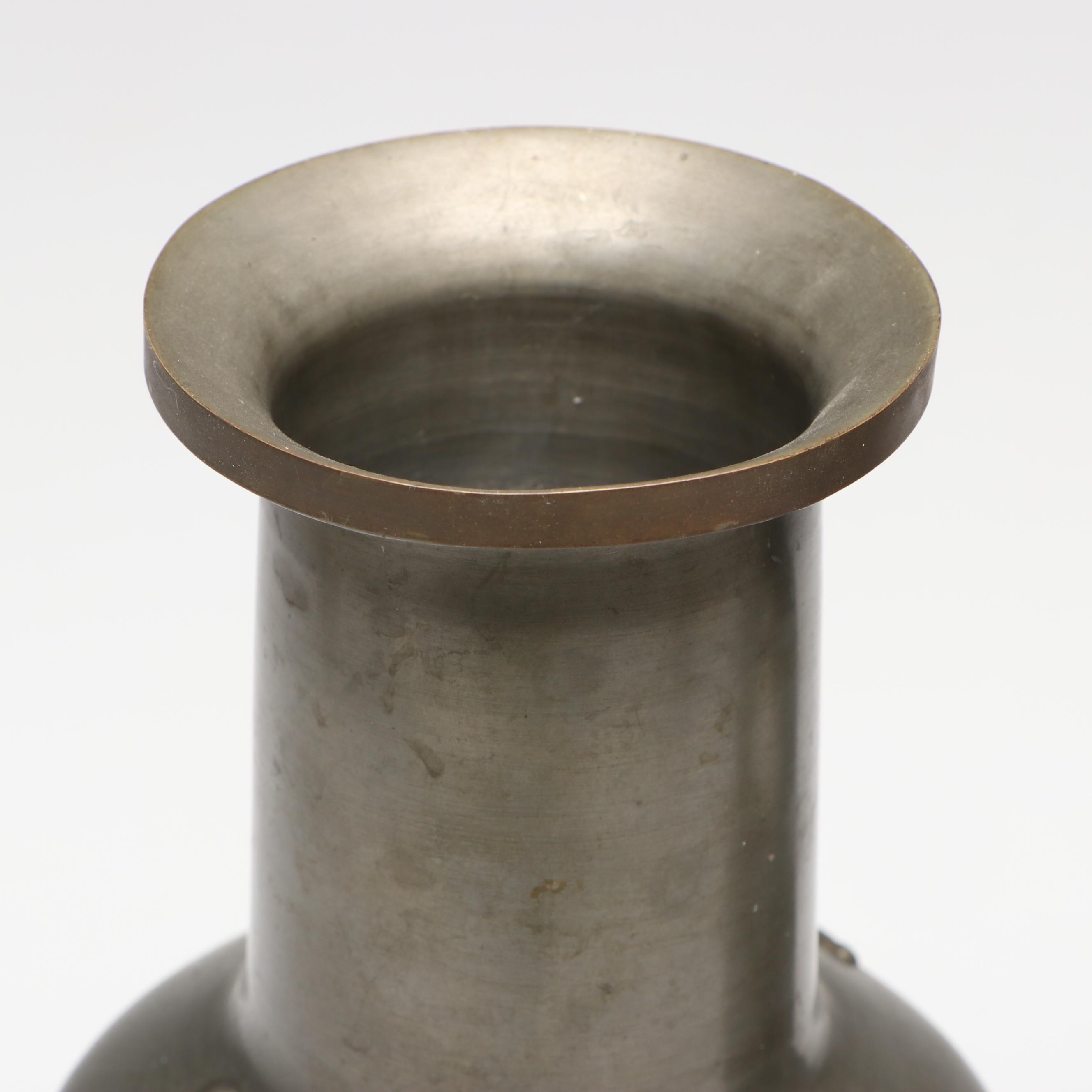 Chinese Embossed Tree Pewter Vases with Inlaid Jadeite and Carnelian