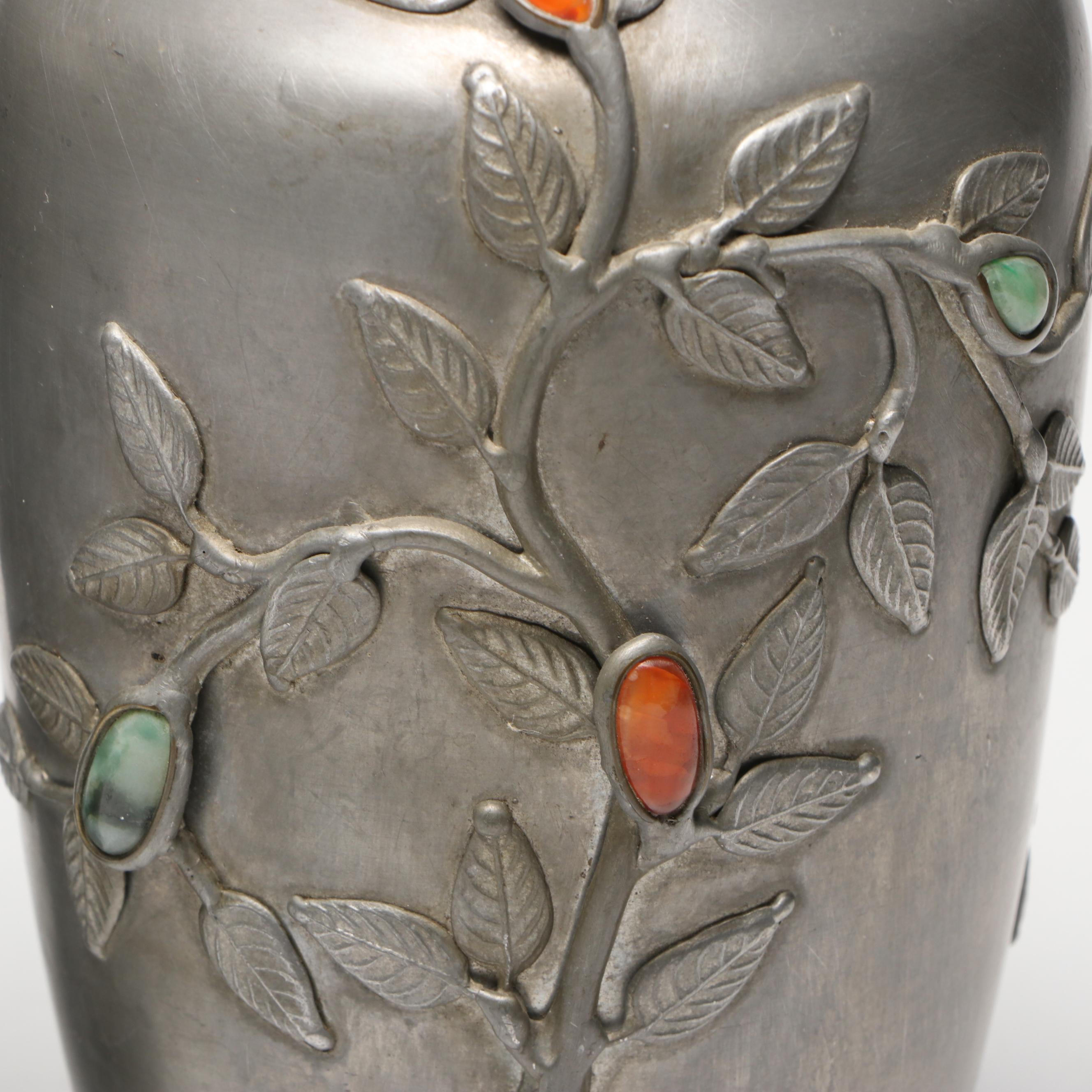 Chinese Embossed Tree Pewter Vases with Inlaid Jadeite and Carnelian