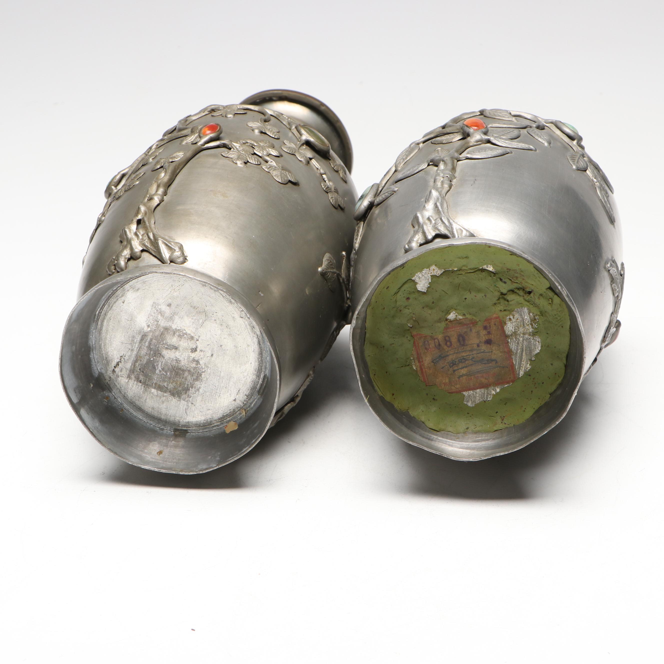 Chinese Embossed Tree Pewter Vases with Inlaid Jadeite and Carnelian