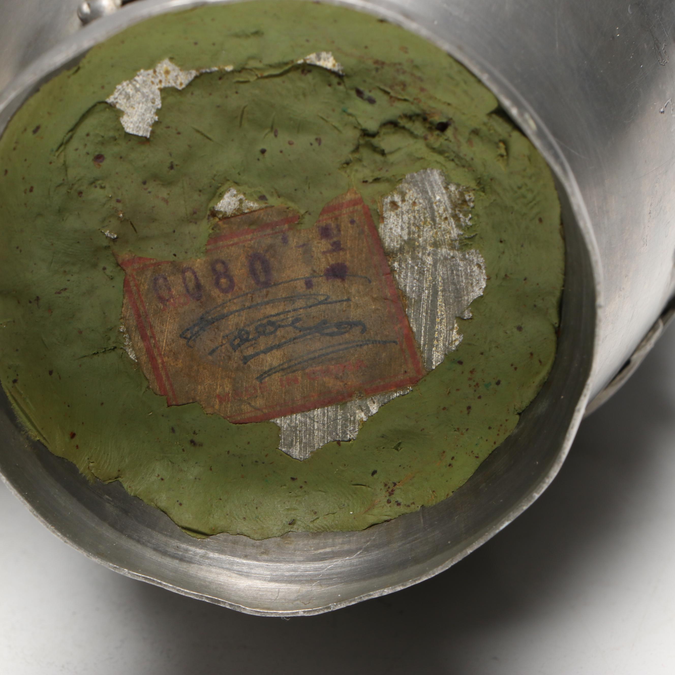 Chinese Embossed Tree Pewter Vases with Inlaid Jadeite and Carnelian