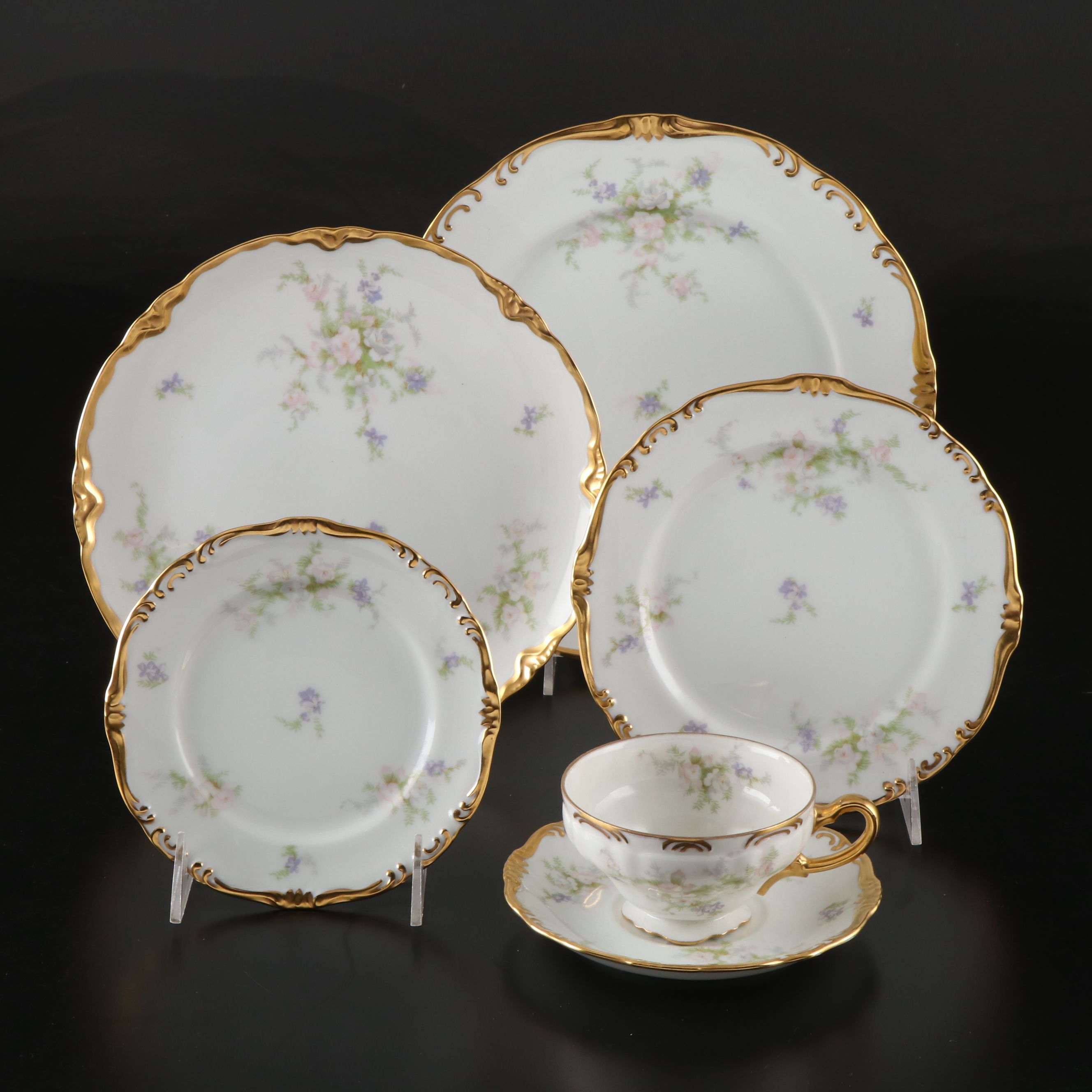 Victorian Style Hand-Painted Floral Gilt Porcelain Six-Piece Place Setting