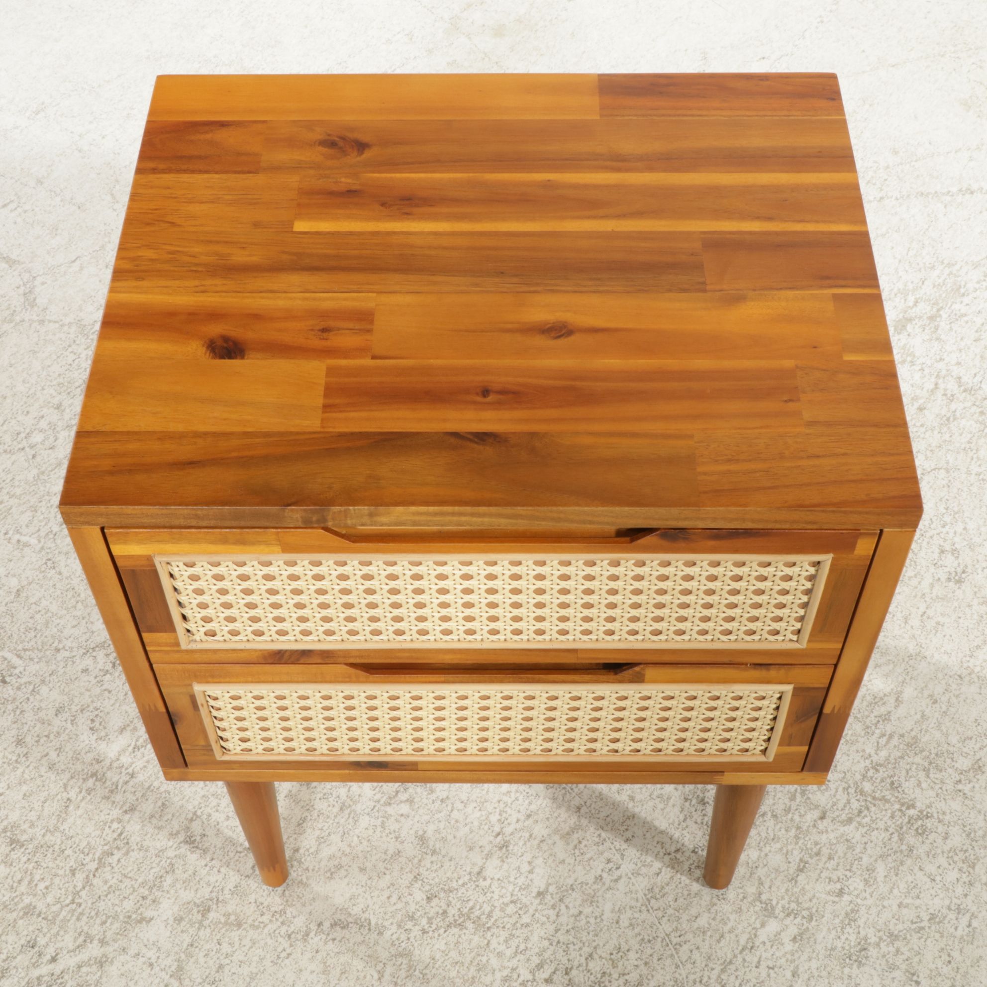 Modernist Pine Two-Drawer Nightstand with Woven Cane Accents, 2023