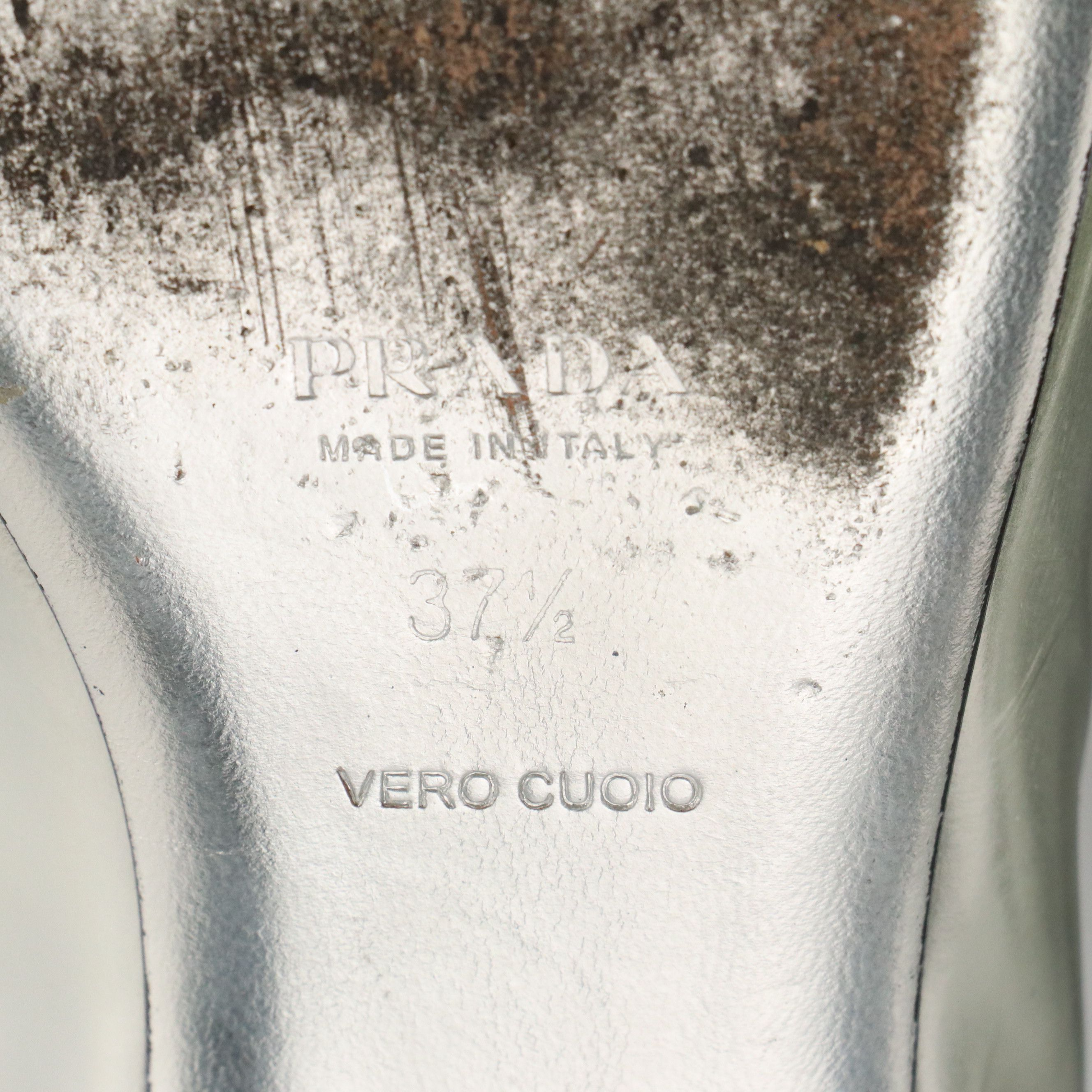 Prada Open Toe-Strap Flats in Silver Metallic Leather, With Box