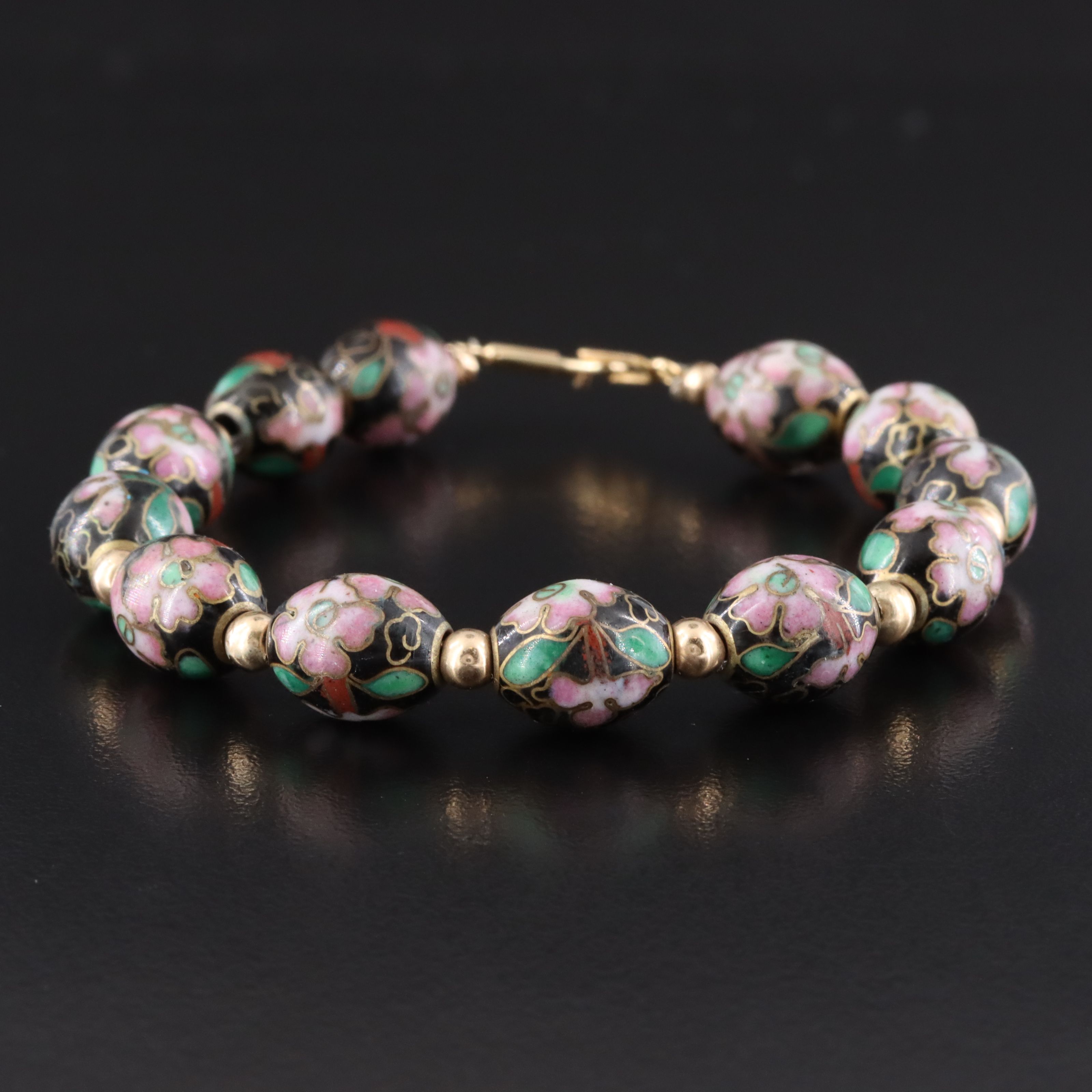 14K and Cloisonné Enamel Floral Bead Bracelet