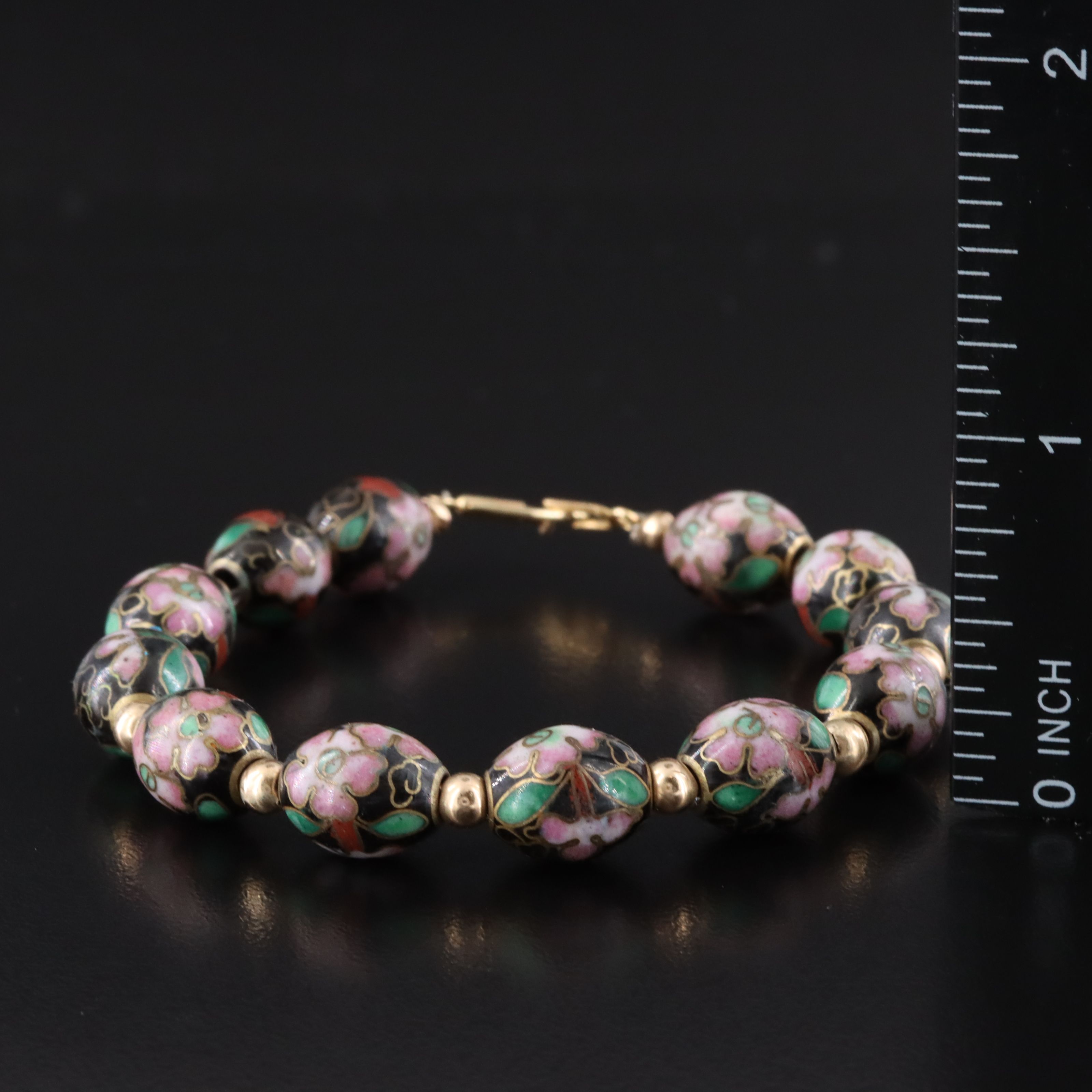 14K and Cloisonné Enamel Floral Bead Bracelet