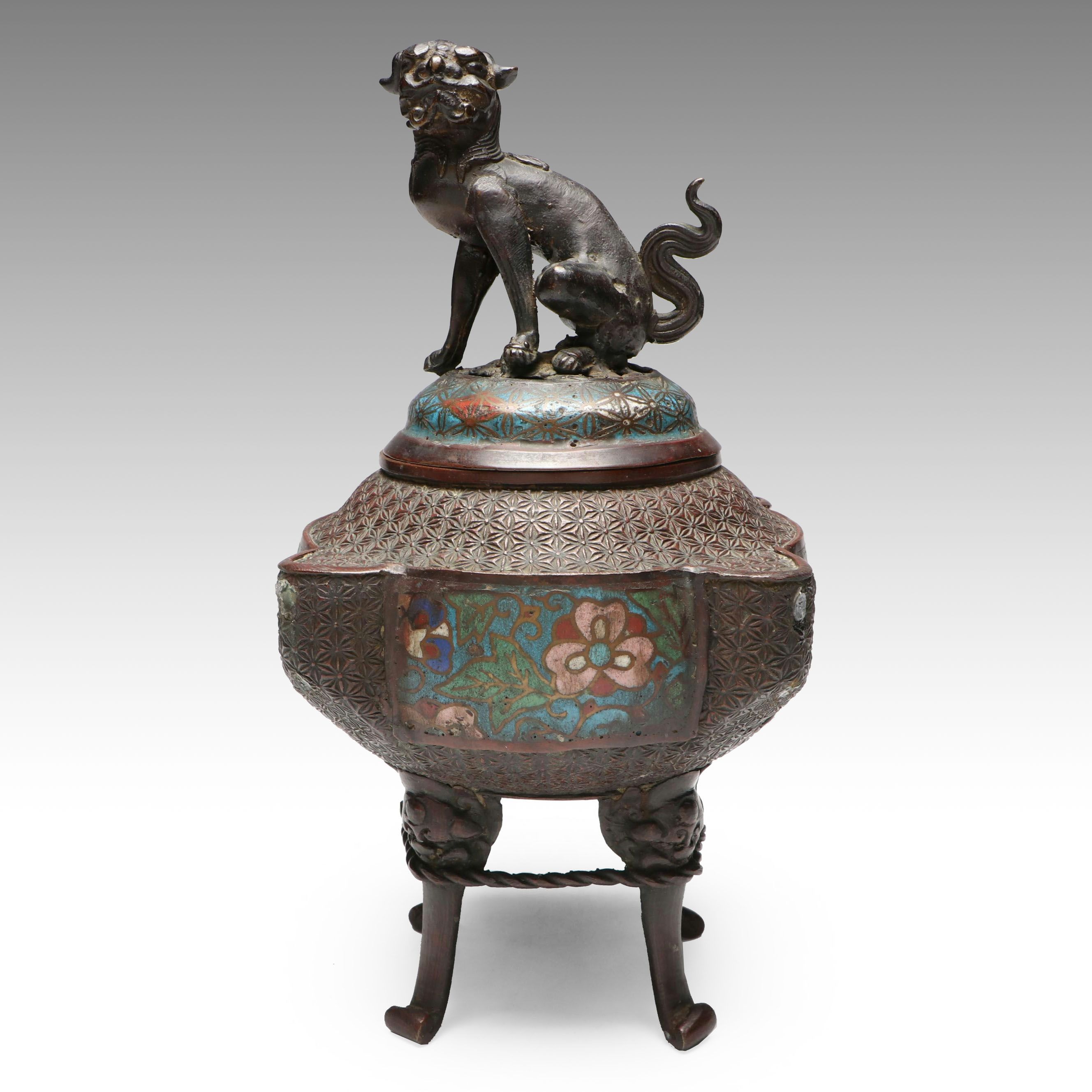 Japanese Enamel Guardian Lion Footed Censer