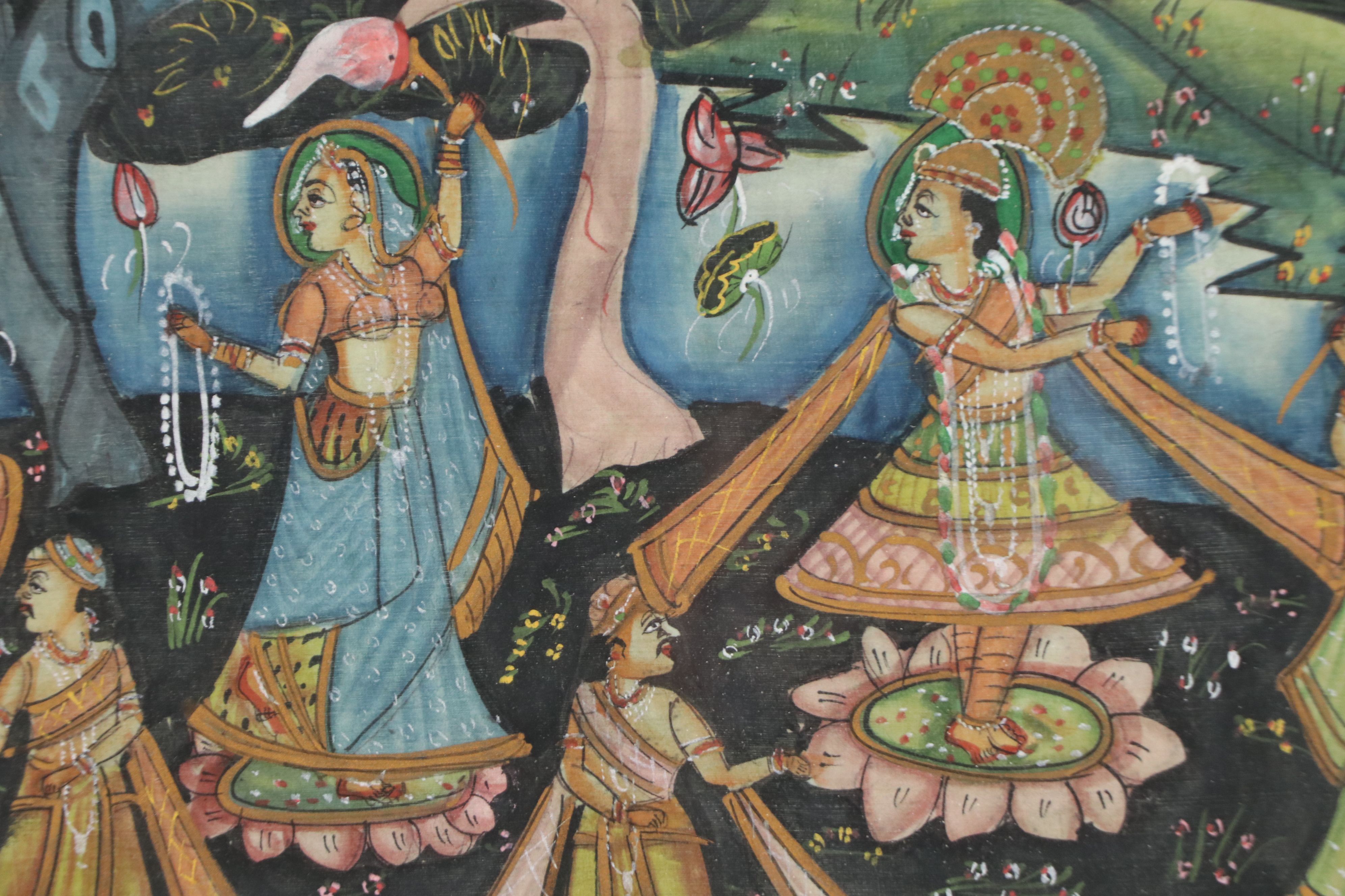 Indian School Pichwai Painting on Silk of Female Devotees in Garden