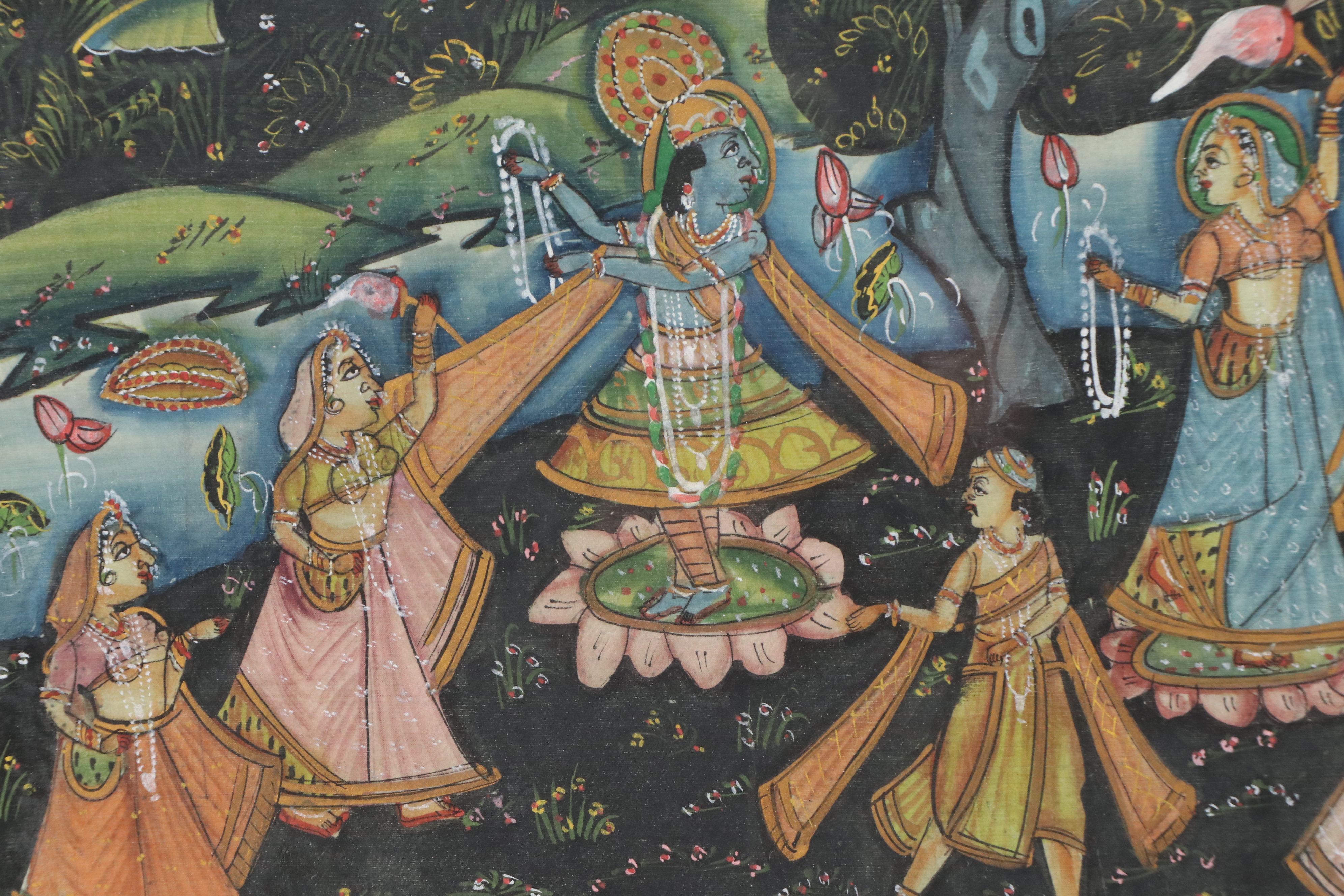 Indian School Pichwai Painting on Silk of Female Devotees in Garden