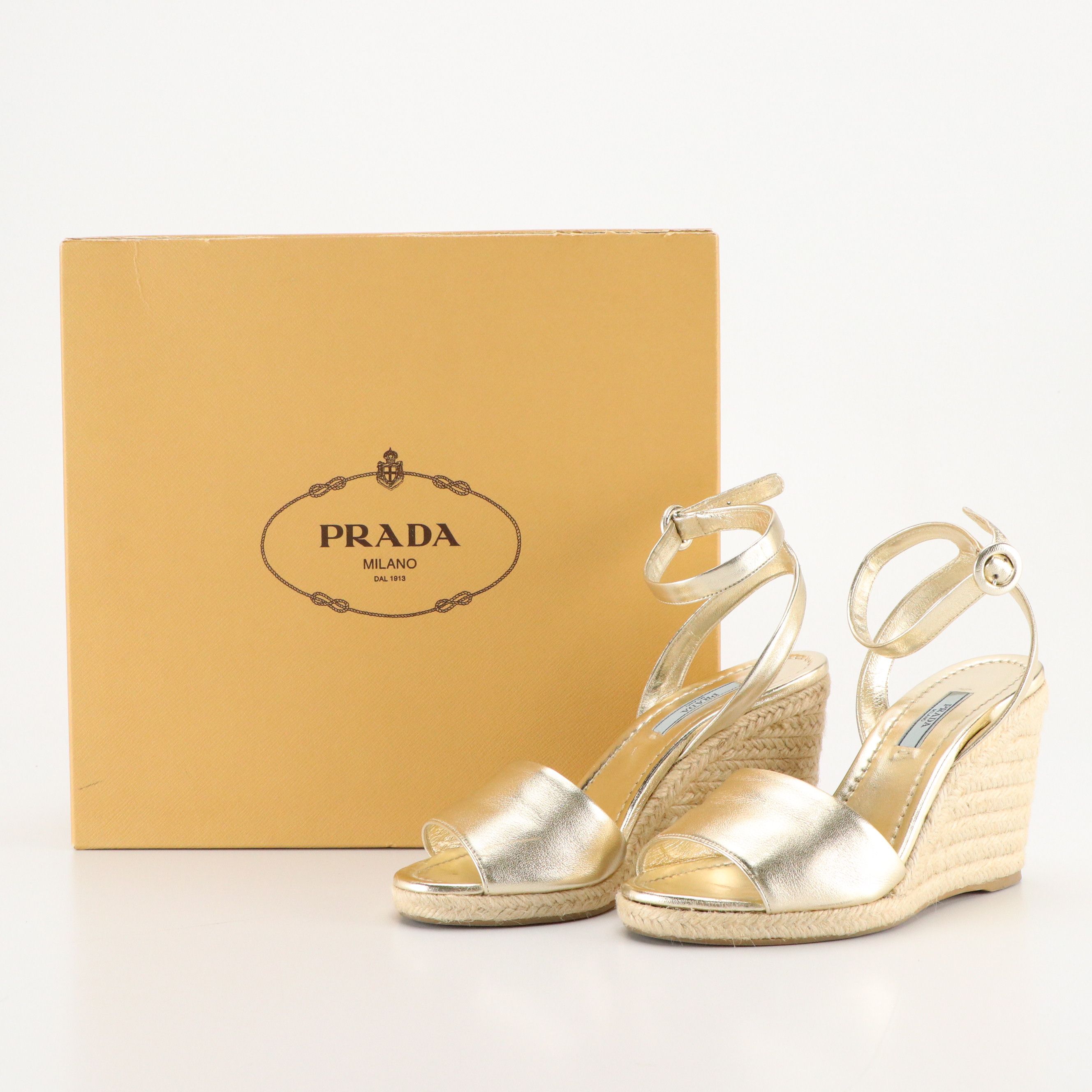 Prada Ankle Strap Wedges in Metallic Gold Leather, With Box
