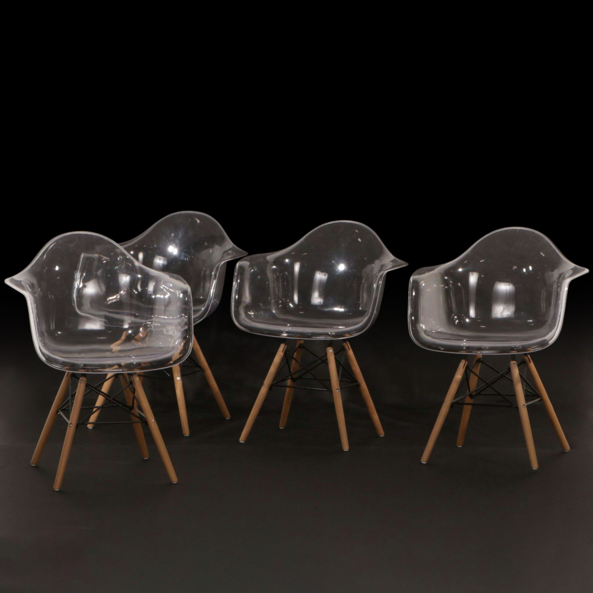 Four Modernist Molded Acrylic Armchairs with Wood and Metal Legs