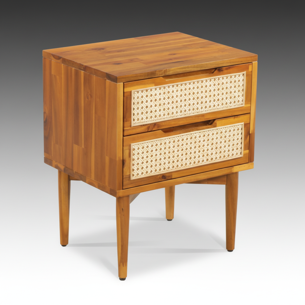 Modernist Pine Two-Drawer Nightstand with Woven Cane Accents, 2023