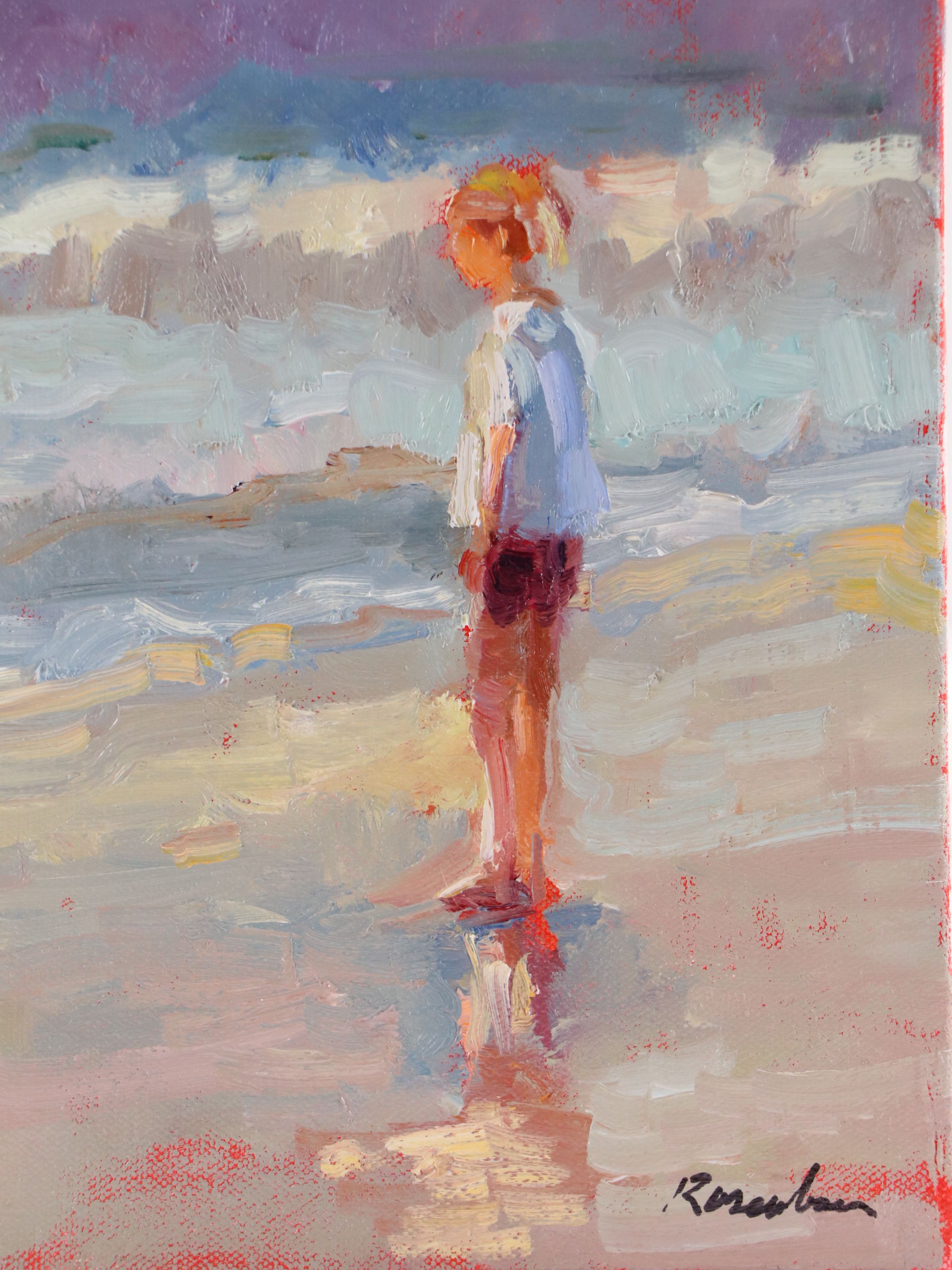 Sally Rosenbaum Oil Painting of Girl on Shore, 21st Century