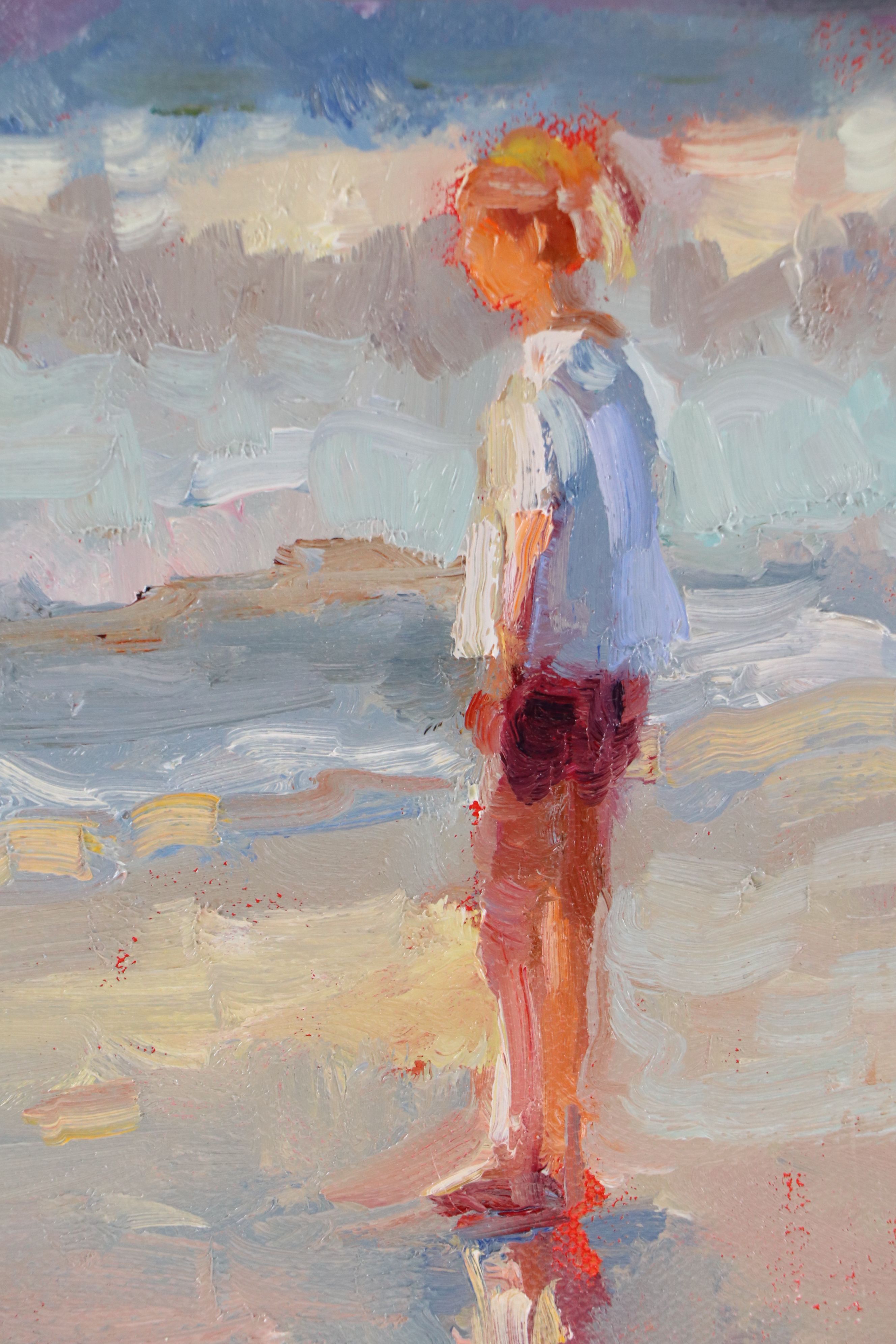 Sally Rosenbaum Oil Painting of Girl on Shore, 21st Century