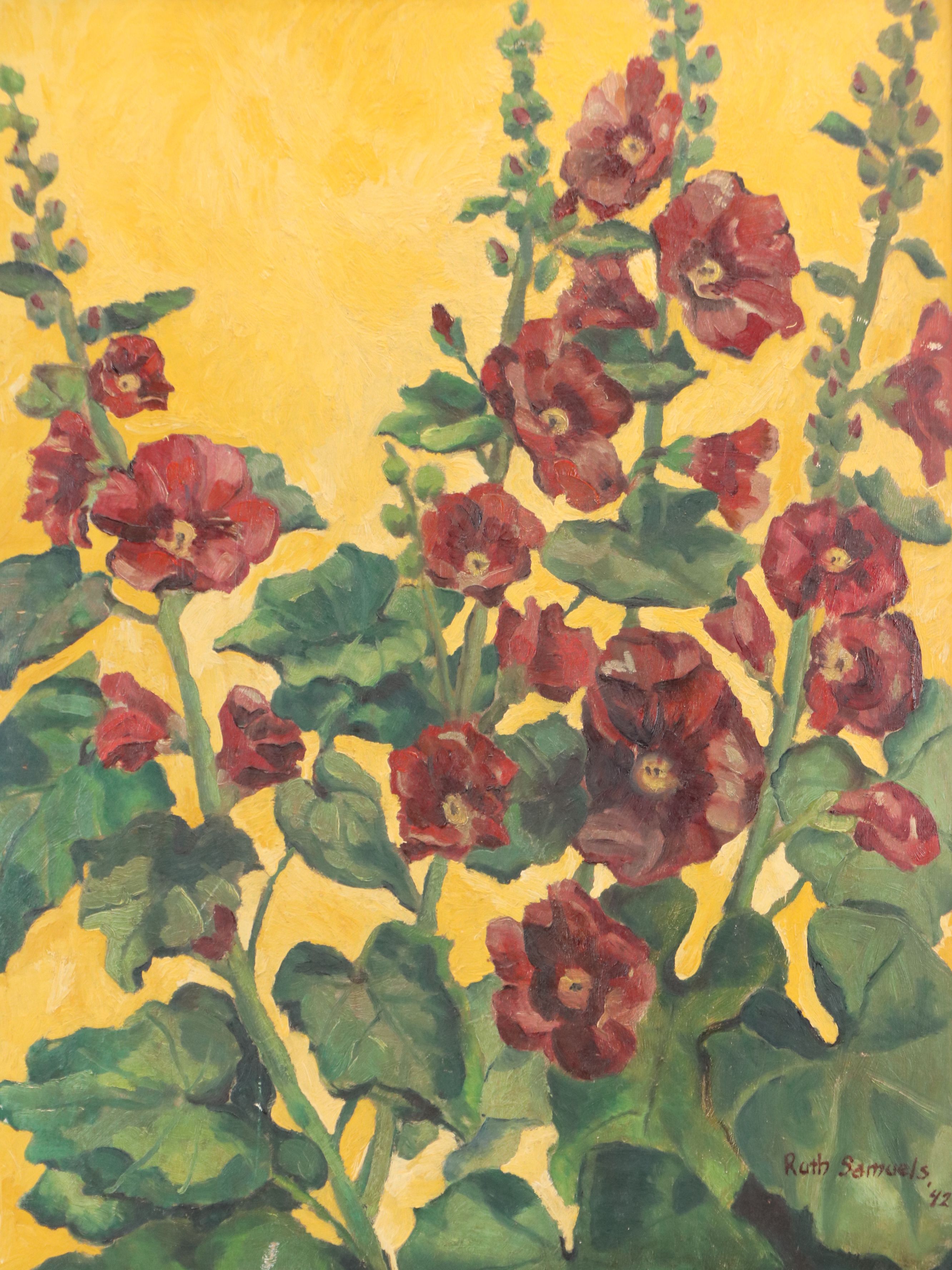 Ruth Samuels Oil Painting of Red Hollyhock Flowers, 1942