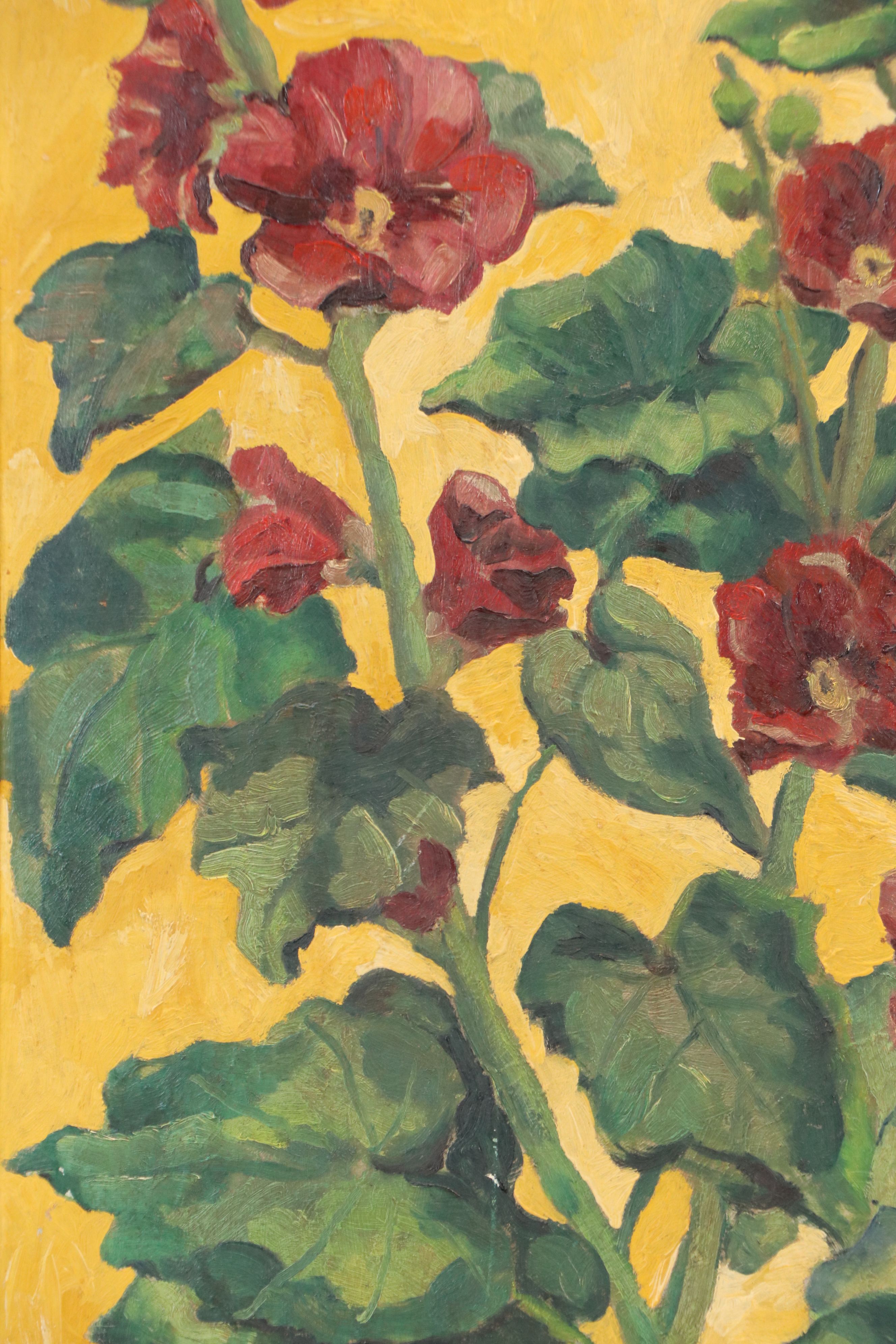 Ruth Samuels Oil Painting of Red Hollyhock Flowers, 1942