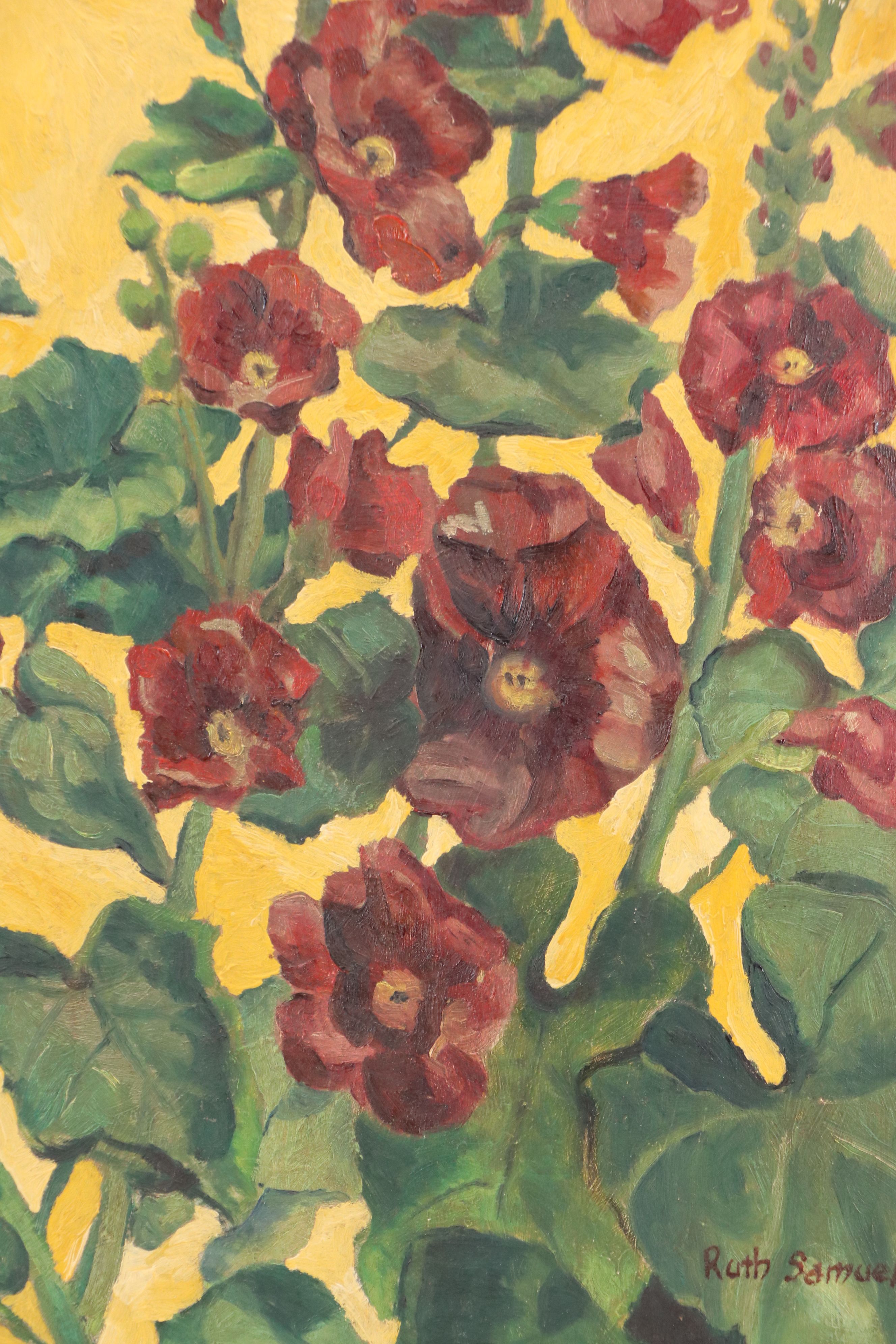 Ruth Samuels Oil Painting of Red Hollyhock Flowers, 1942