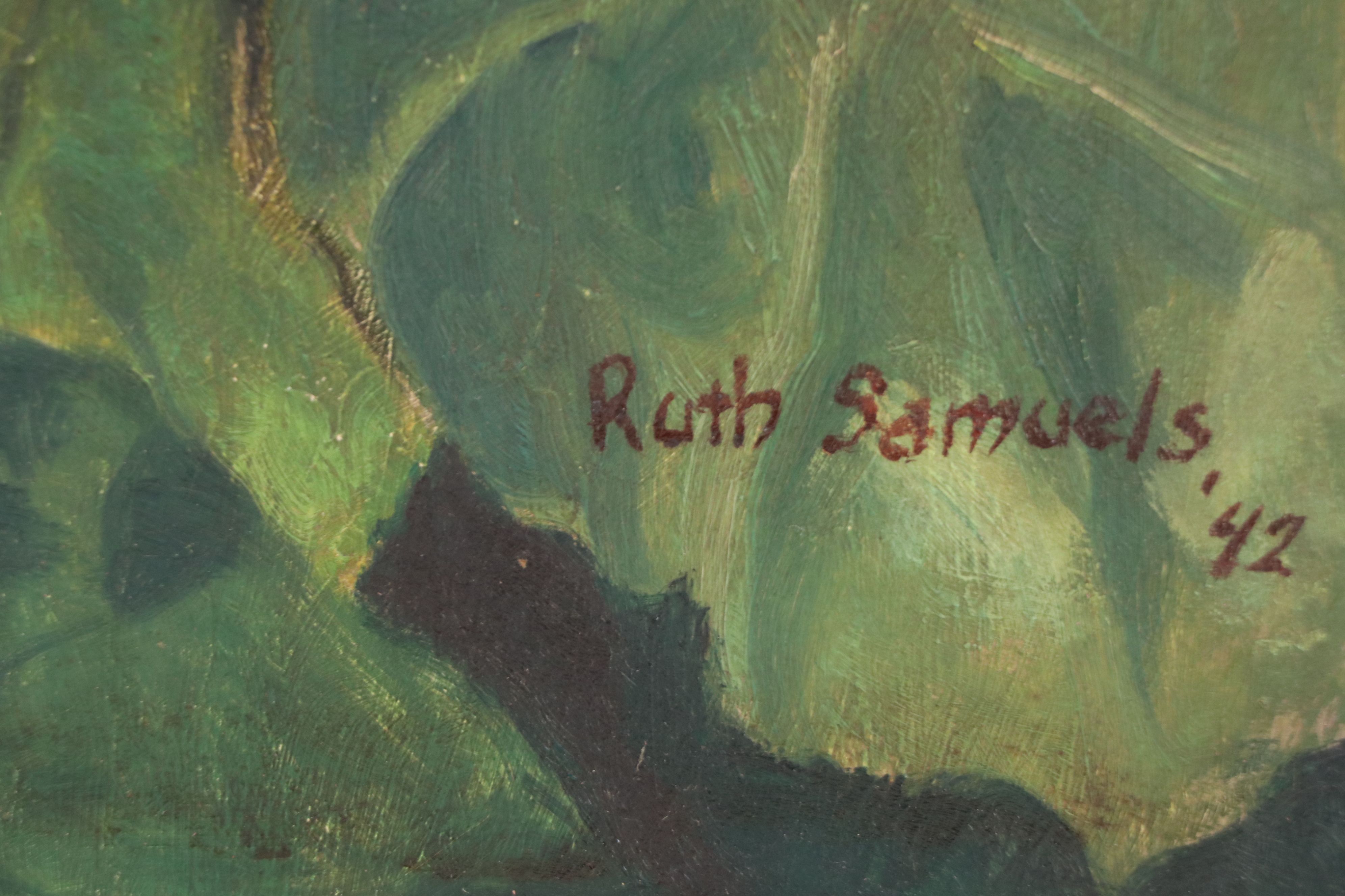 Ruth Samuels Oil Painting of Red Hollyhock Flowers, 1942