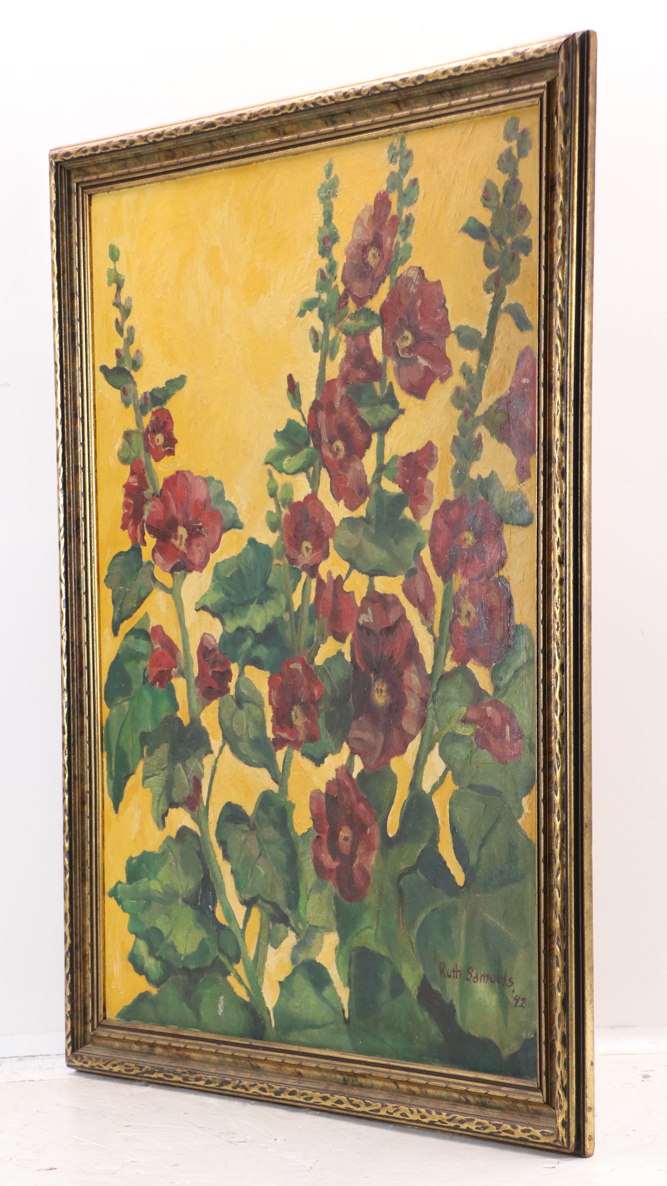 Ruth Samuels Oil Painting of Red Hollyhock Flowers, 1942