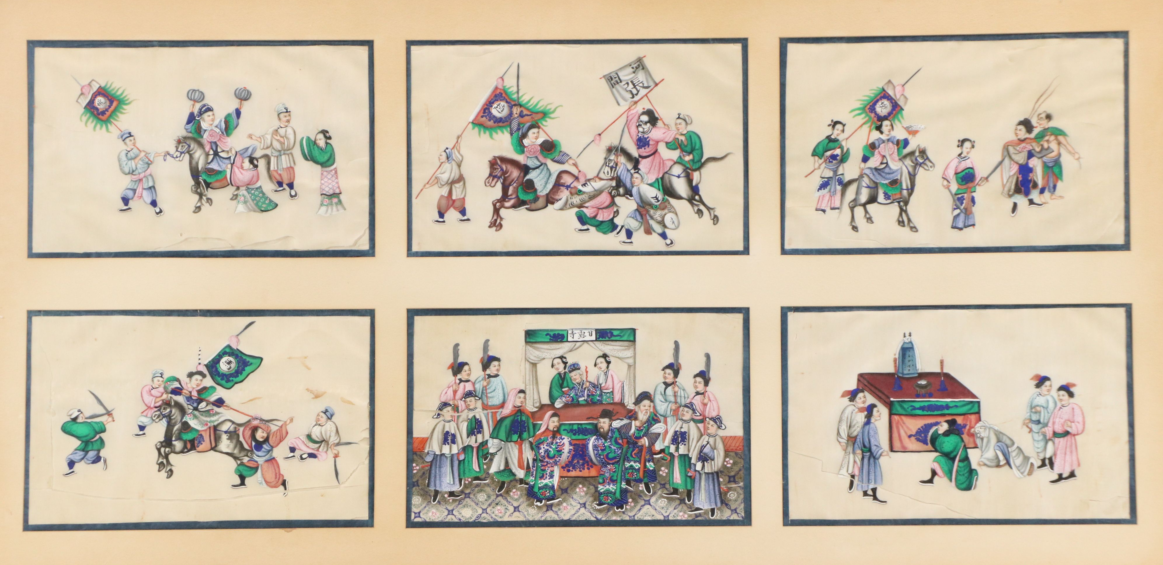 Chinese Gouache Pith Paintings Depicting Warrior and Funeral Scenes
