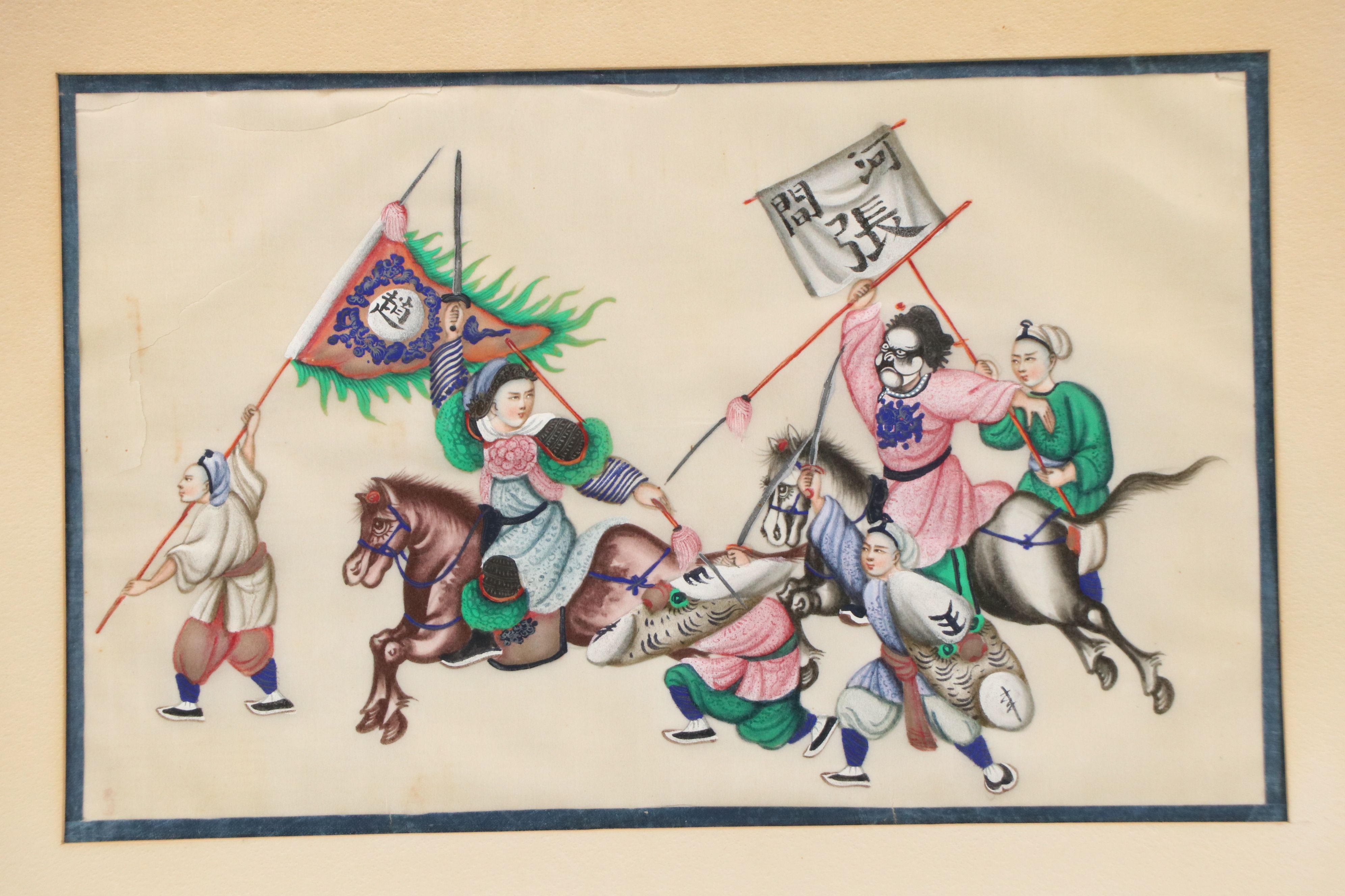 Chinese Gouache Pith Paintings Depicting Warrior and Funeral Scenes