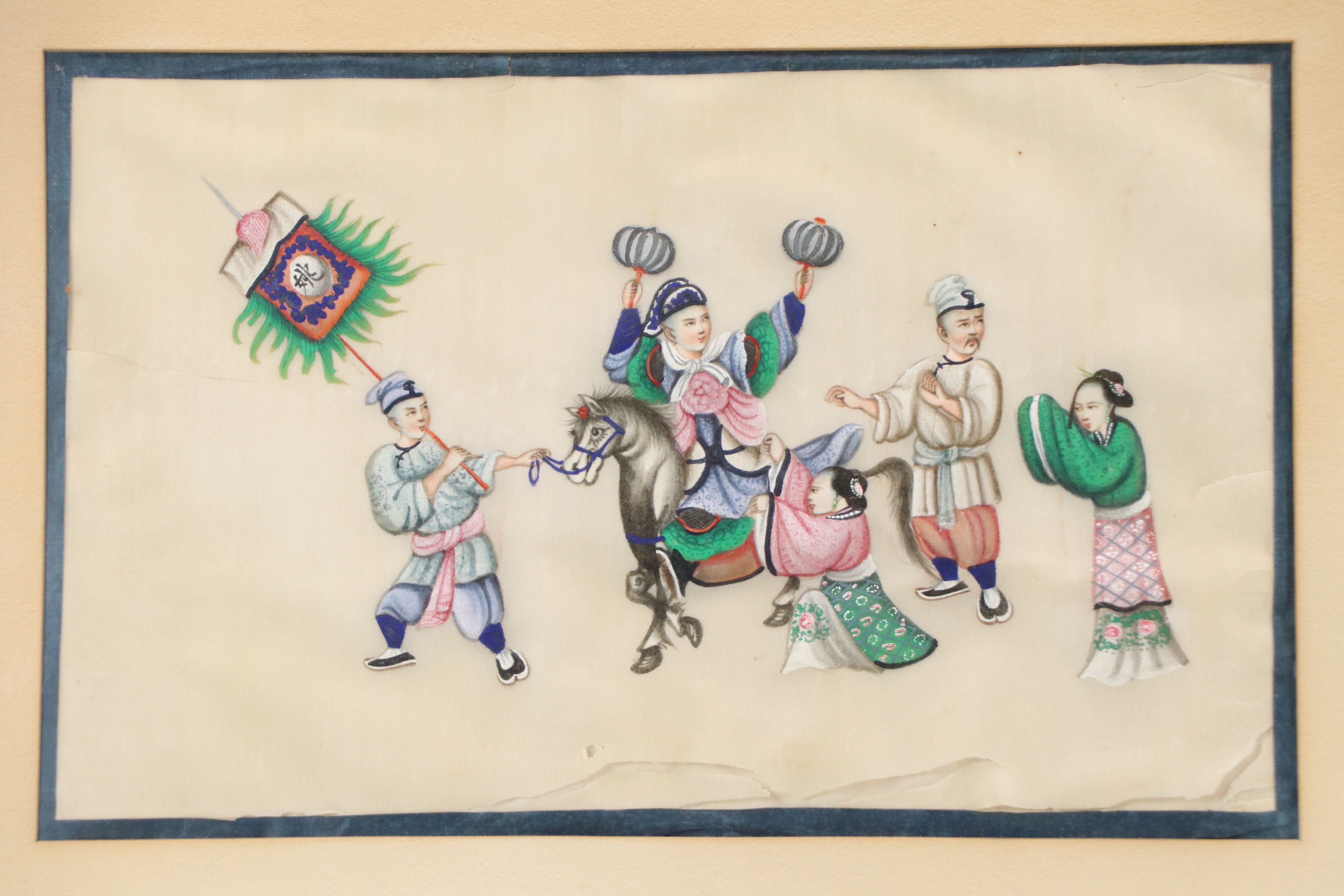 Chinese Gouache Pith Paintings Depicting Warrior and Funeral Scenes