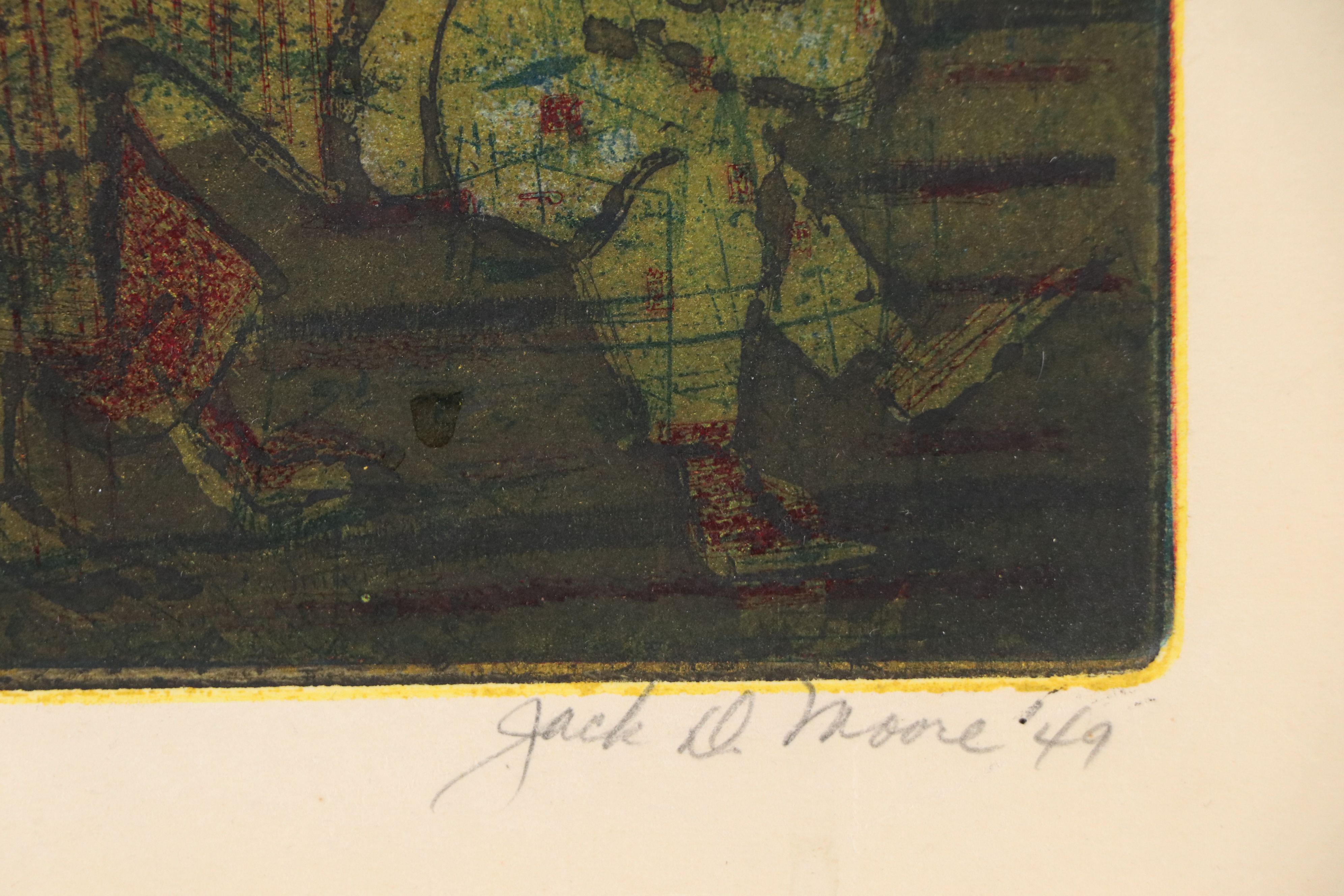 Jack D. Moore Four Plate Etching with Aquatint "Clown," 1949