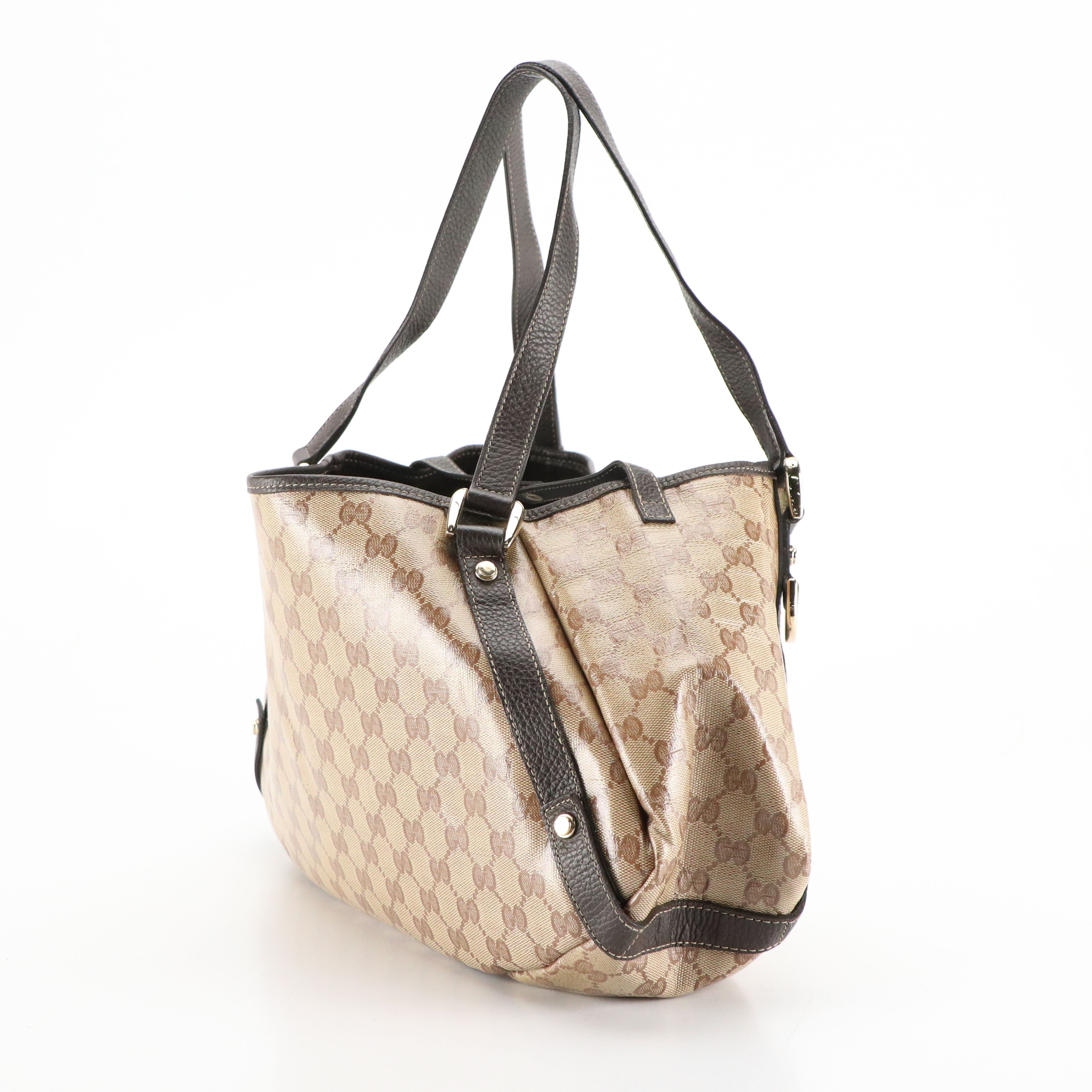 Gucci D-Ring Shoulder Bag in GG Crystal Canvas and Brown Grained Leather