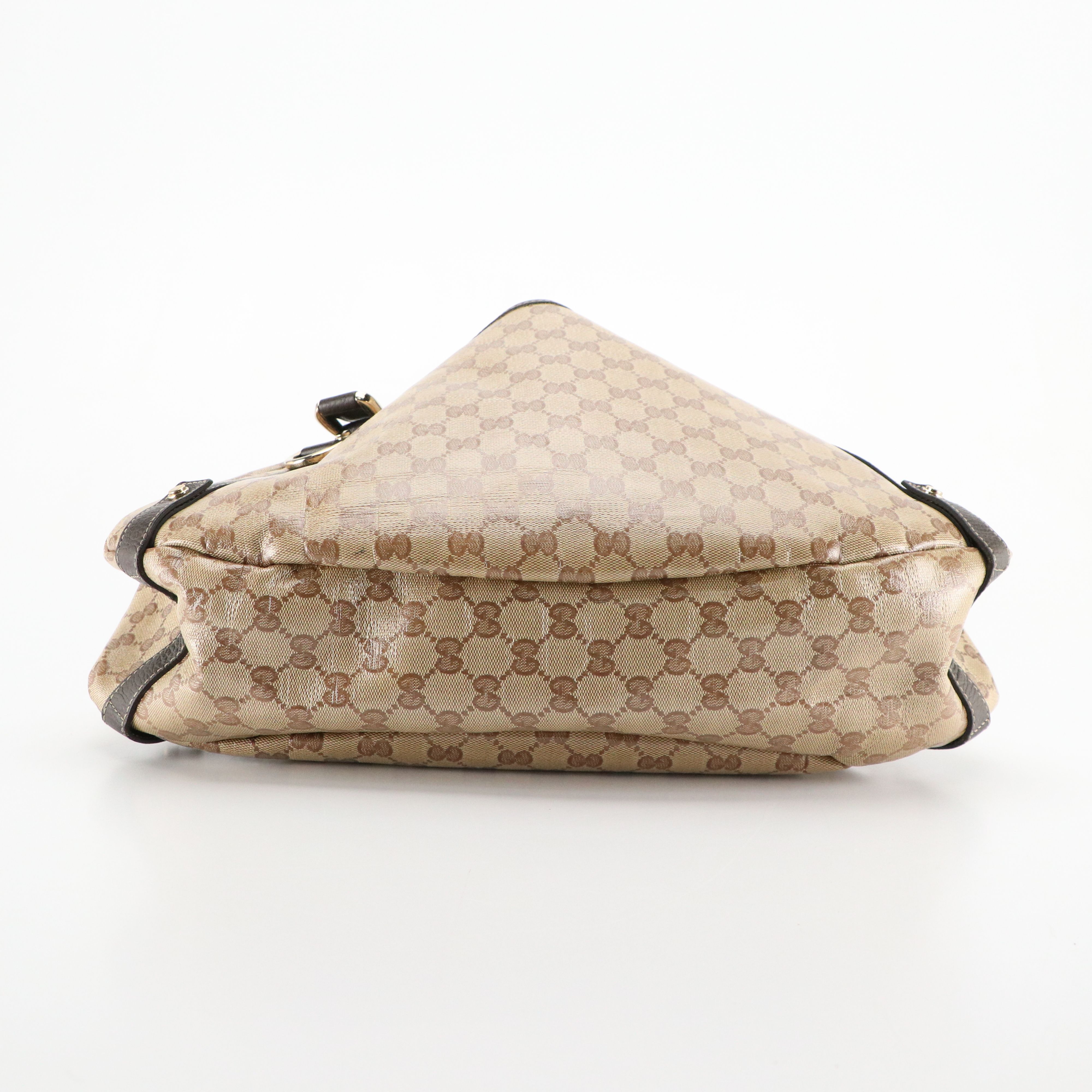 Gucci D-Ring Shoulder Bag in GG Crystal Canvas and Brown Grained Leather