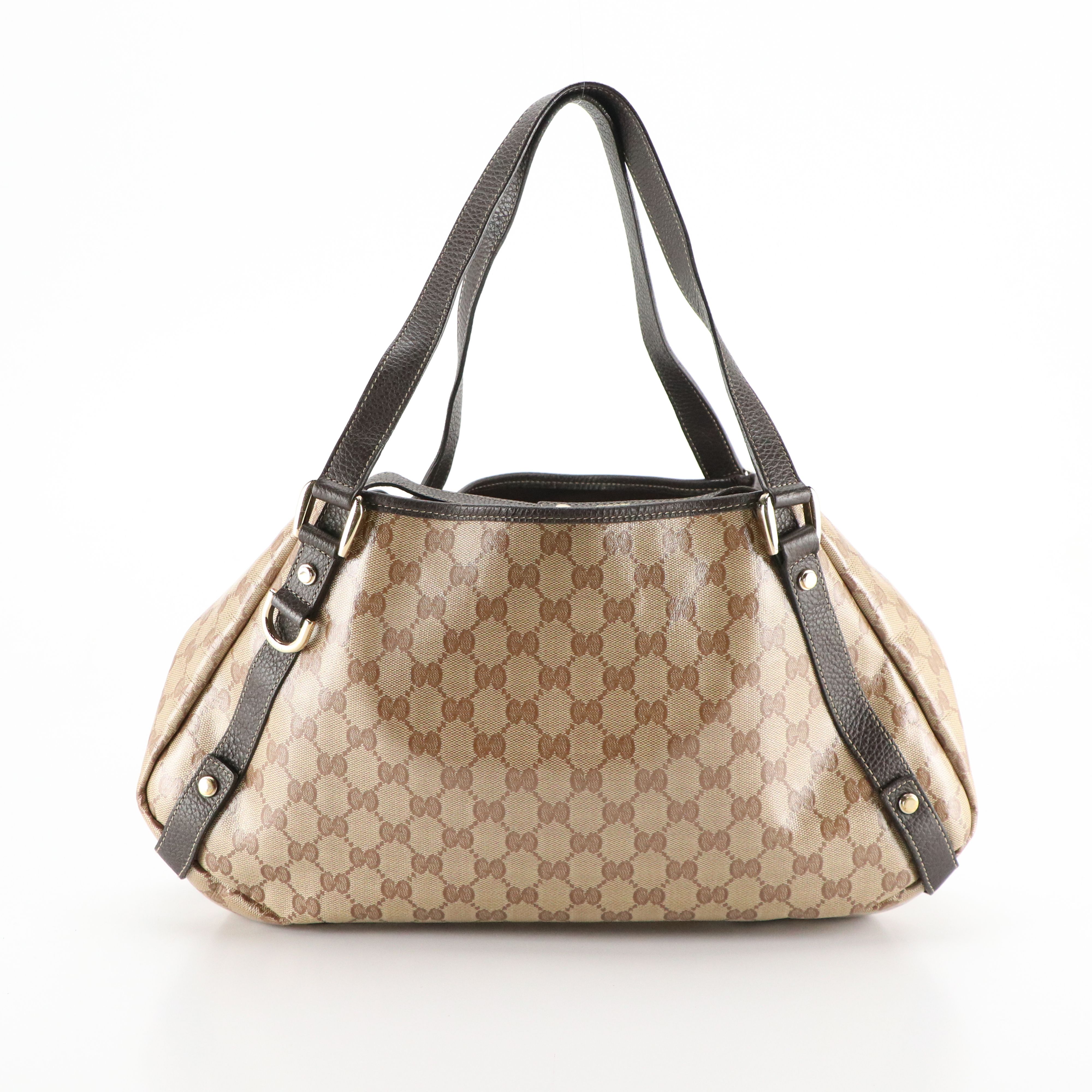 Gucci D-Ring Shoulder Bag in GG Crystal Canvas and Brown Grained Leather