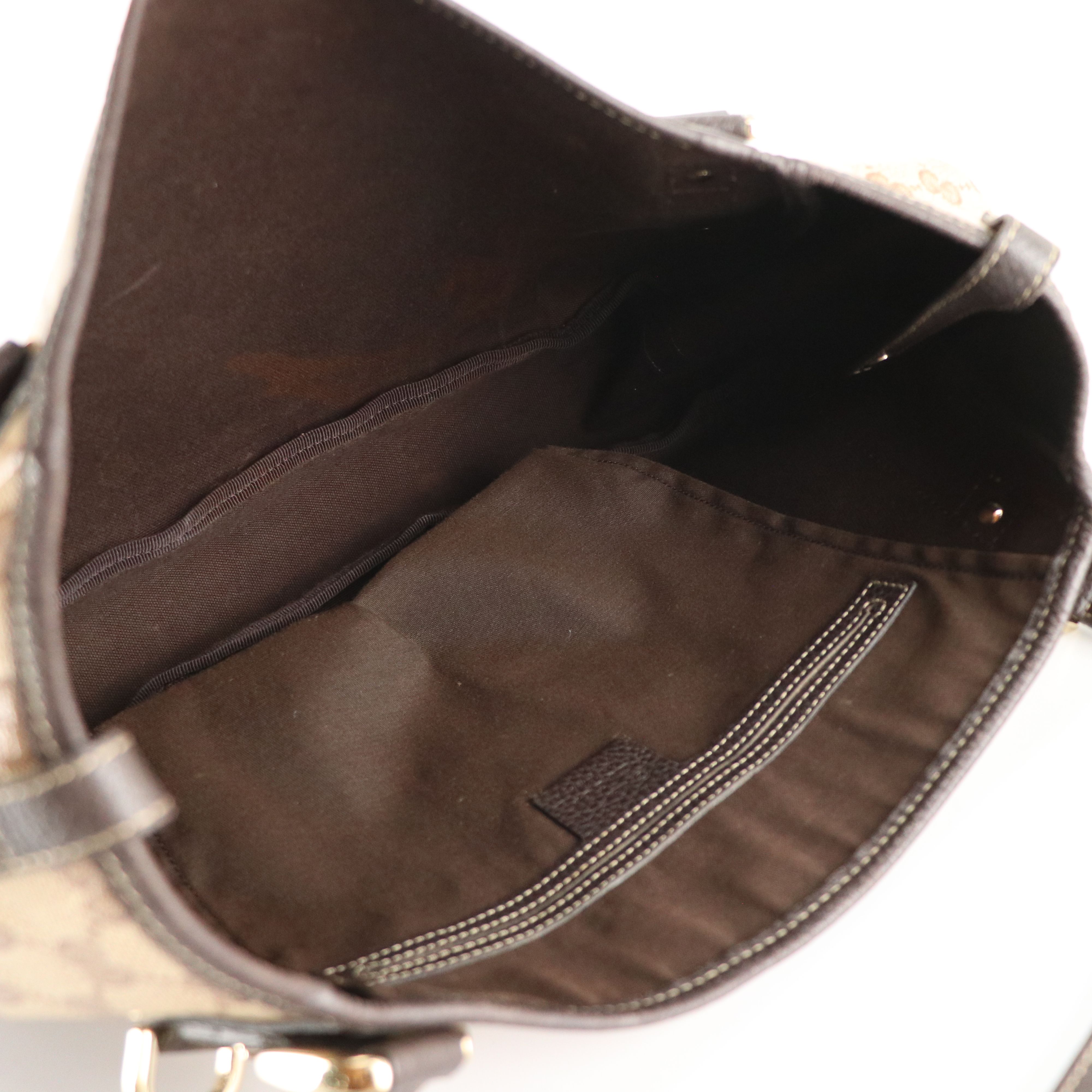 Gucci D-Ring Shoulder Bag in GG Crystal Canvas and Brown Grained Leather