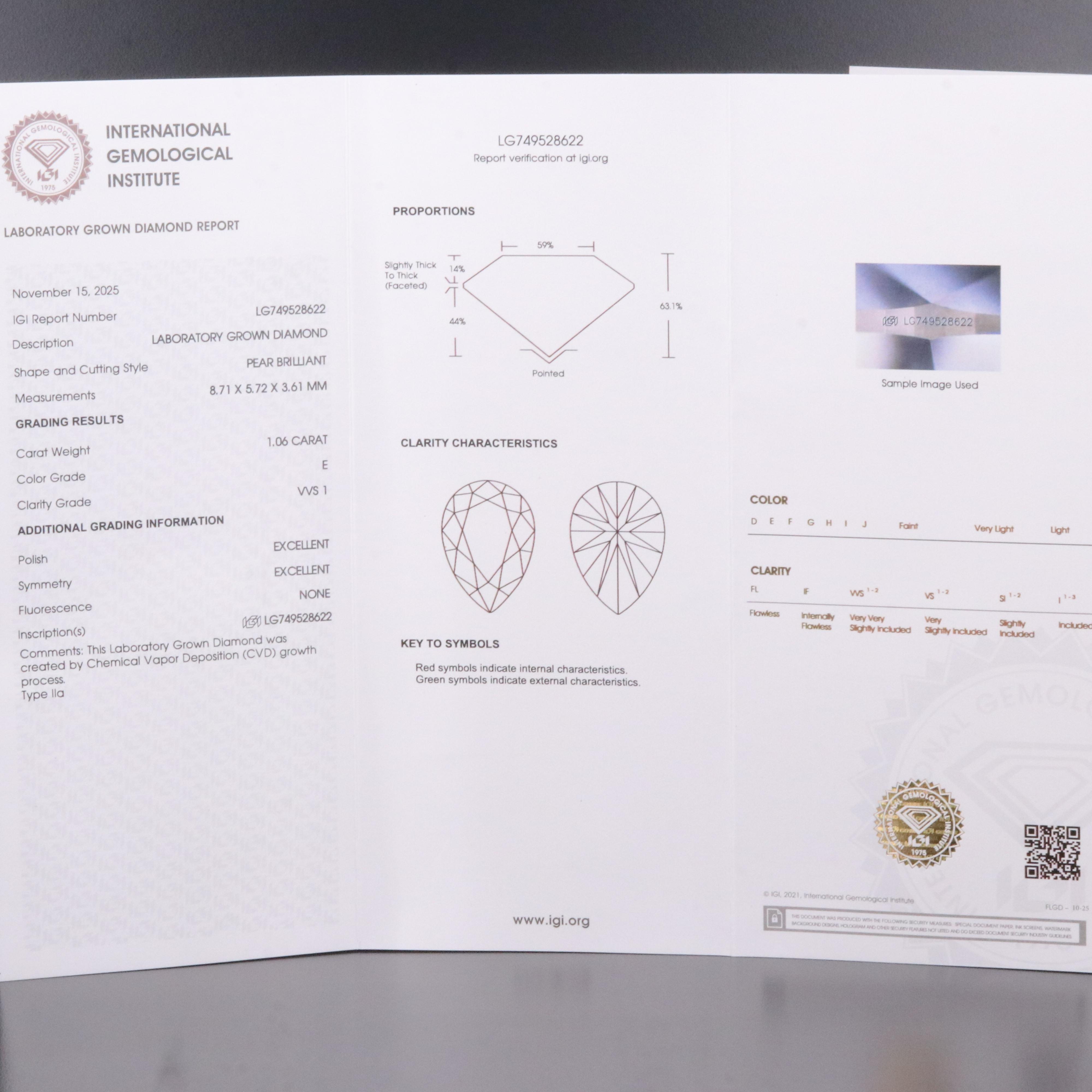 Loose 1.06 CT Lab Grown Diamond with IGI Report