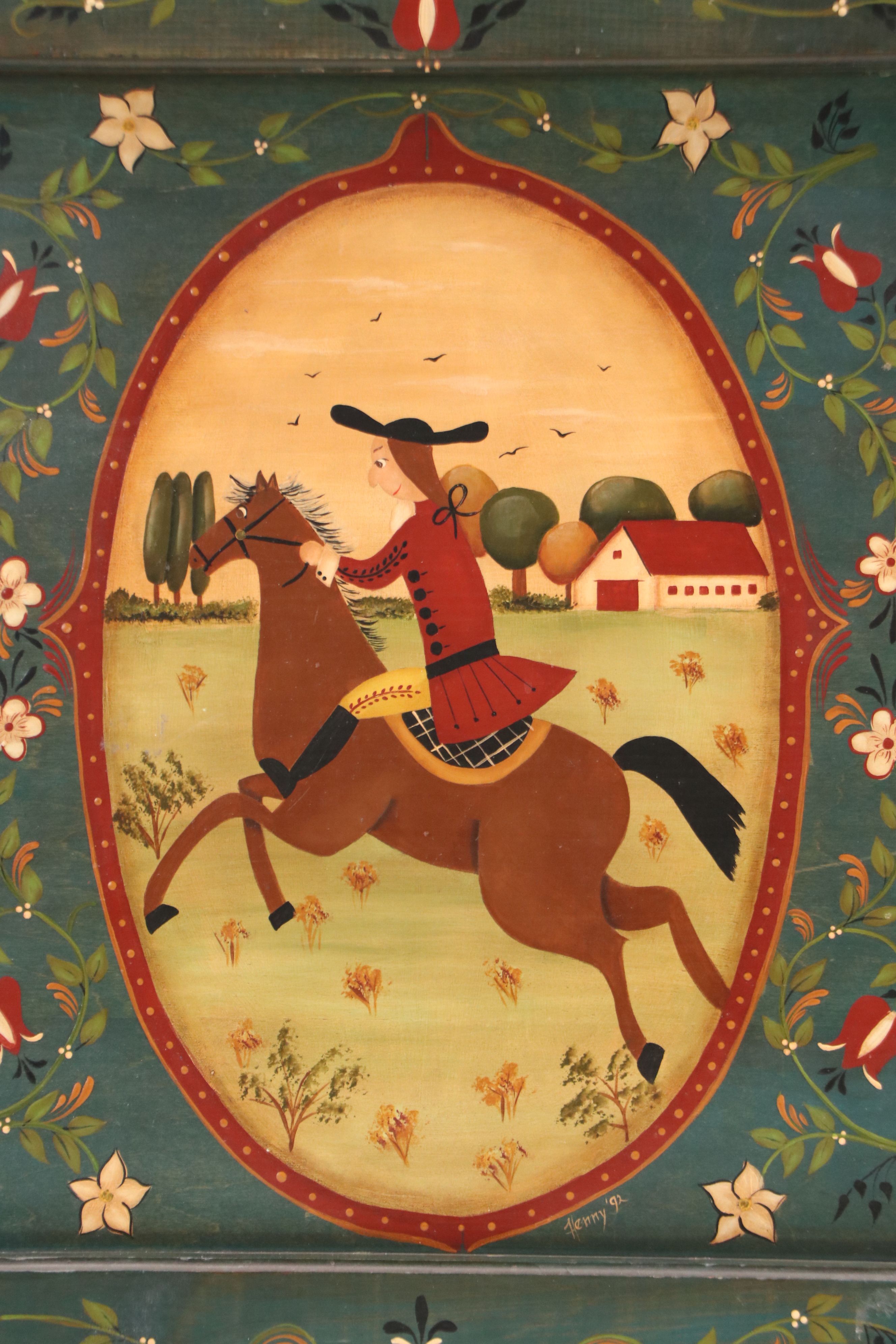 Henny Folk Art Acrylic Painting of Man Riding Horse, 1992