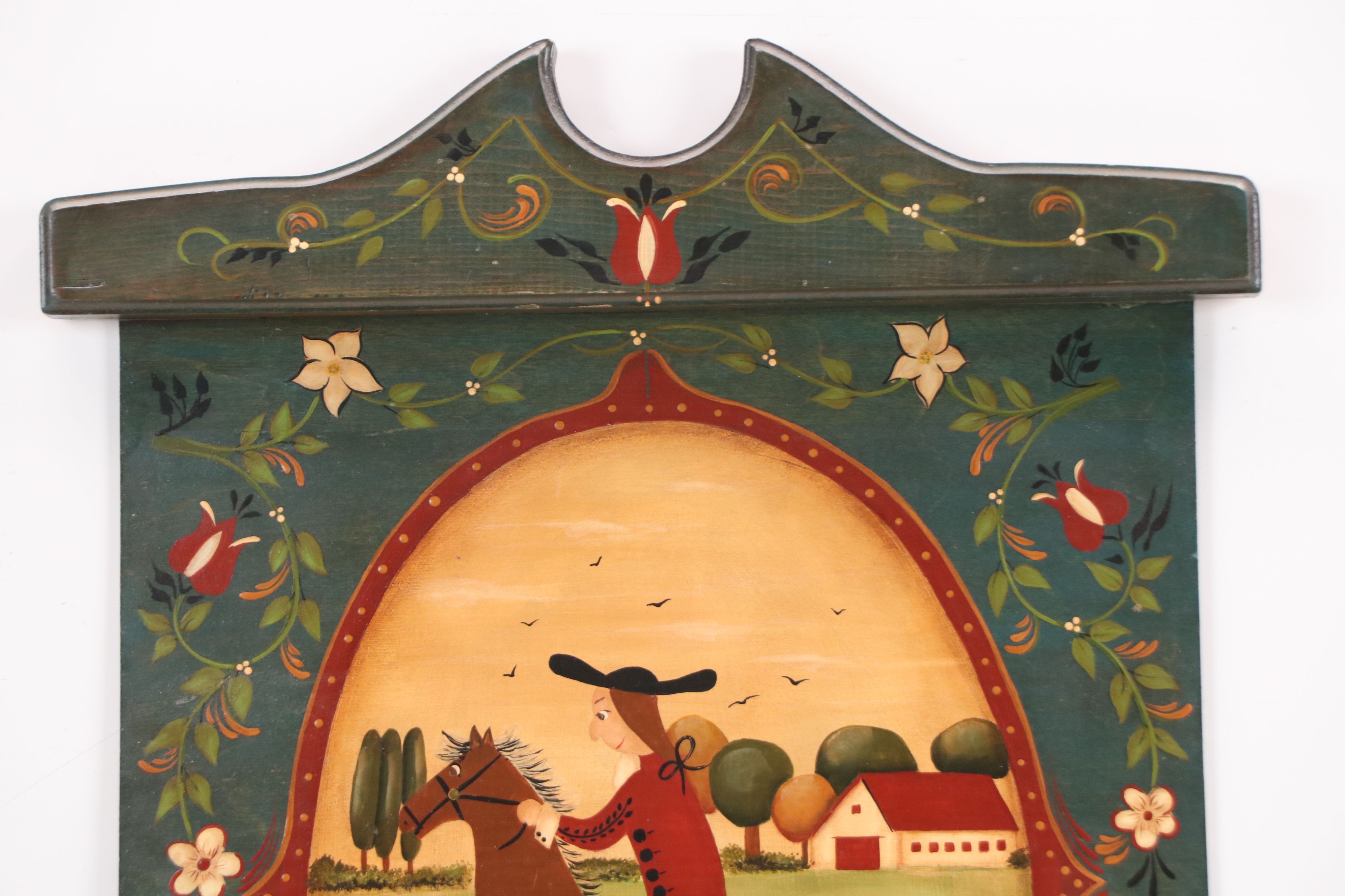 Henny Folk Art Acrylic Painting of Man Riding Horse, 1992