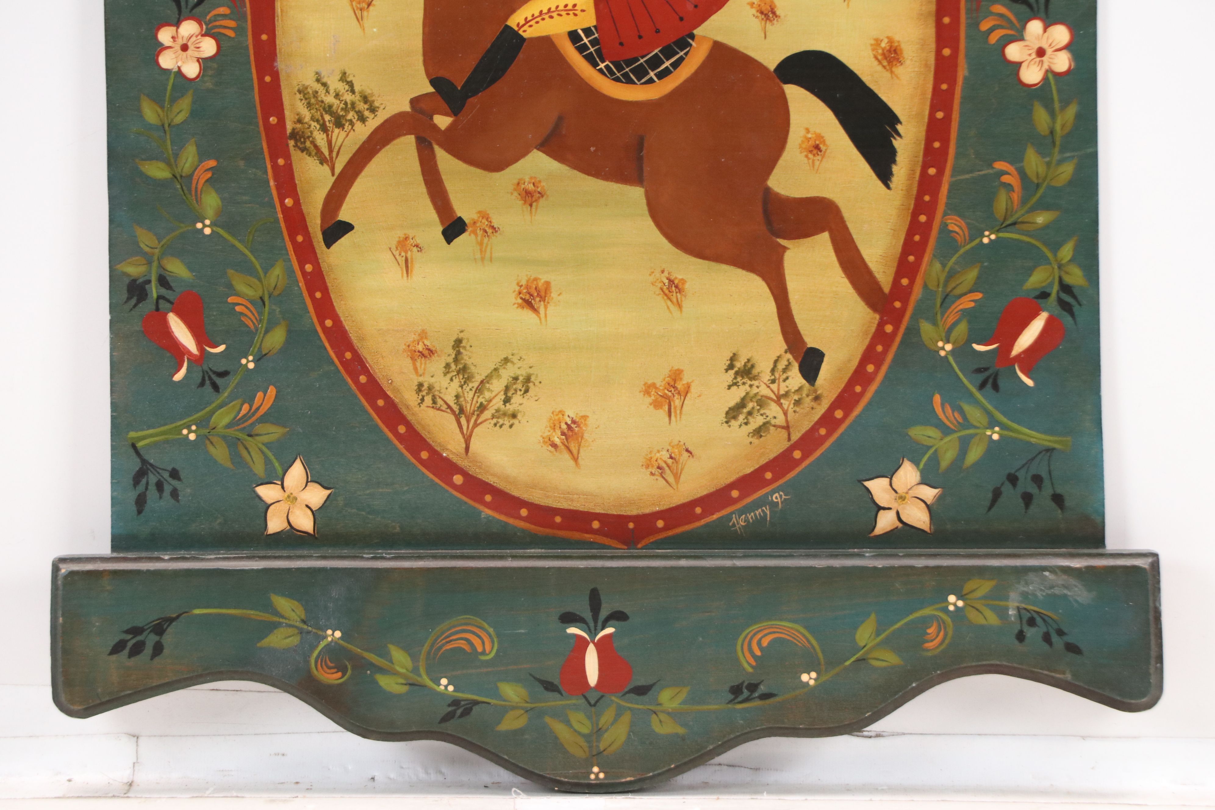 Henny Folk Art Acrylic Painting of Man Riding Horse, 1992