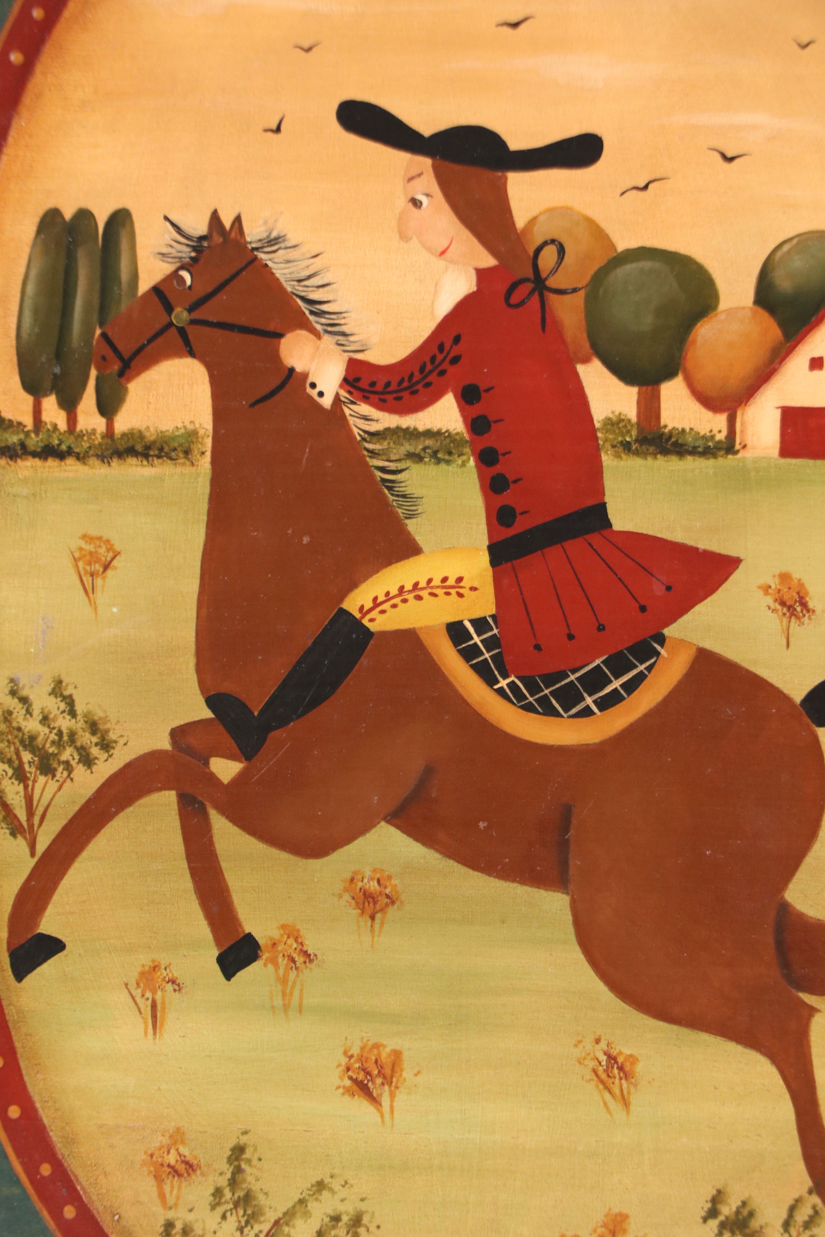Henny Folk Art Acrylic Painting of Man Riding Horse, 1992
